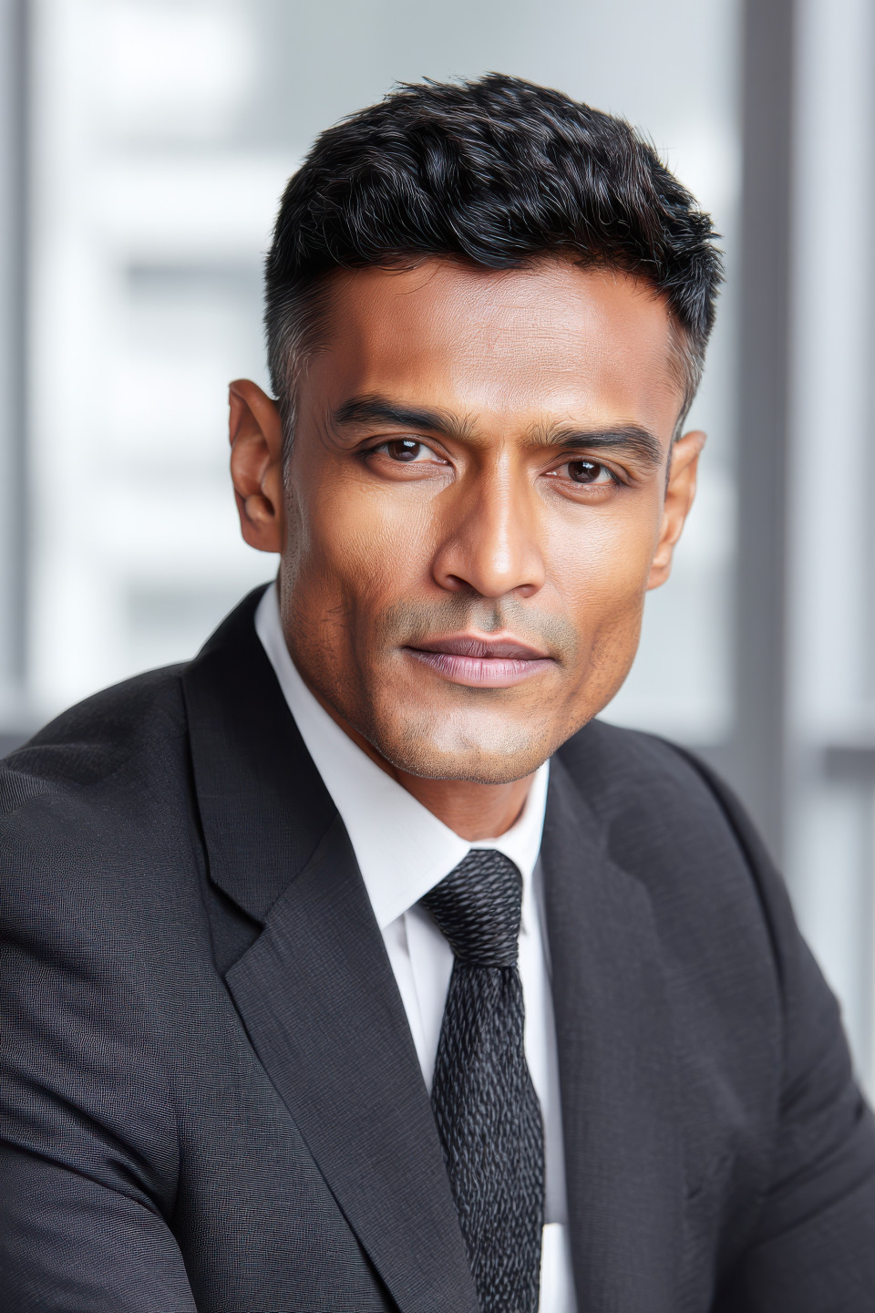 Executive indian man in formal wear seated upright with friendly face in office interior, business profile, chatgpt, corporate headshot for linkedin use