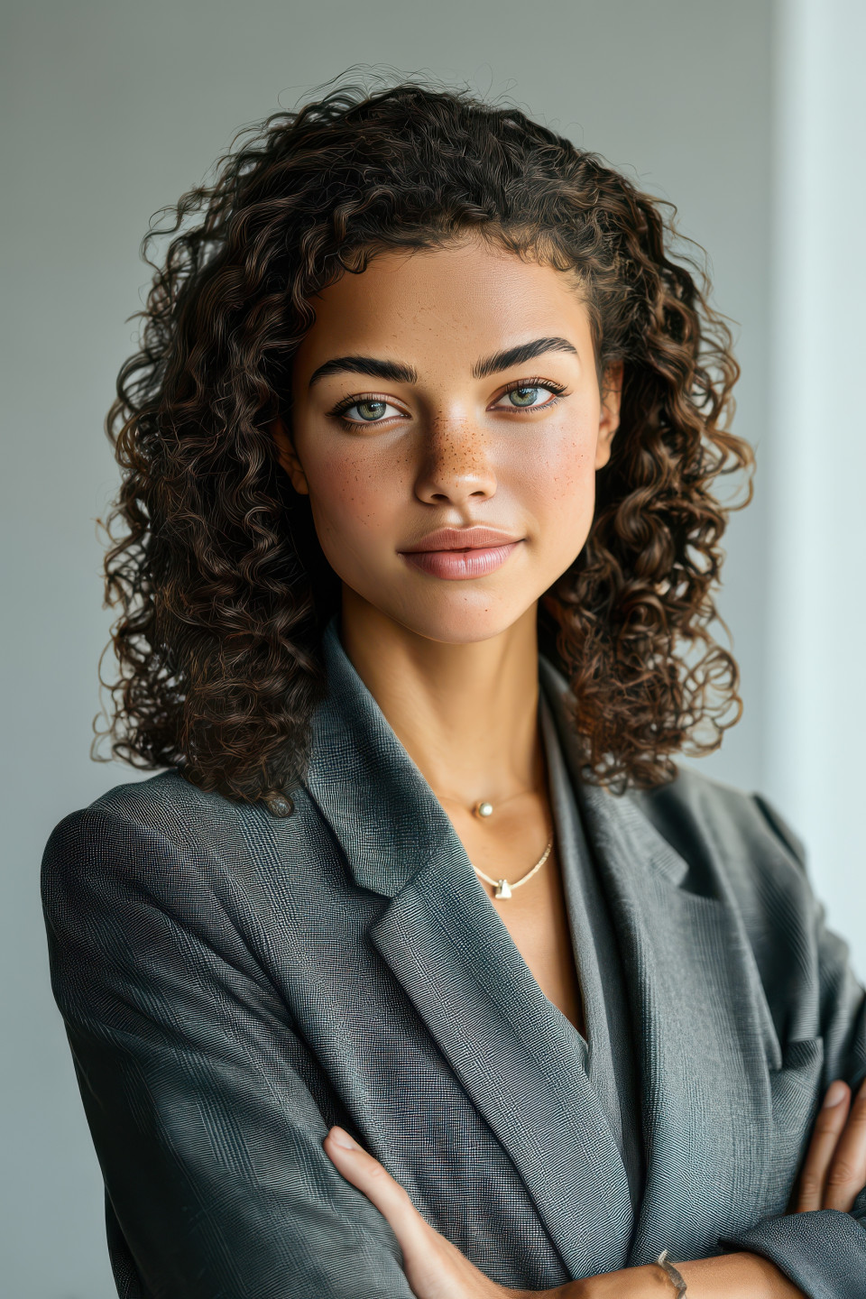 Confident young woman in business wear standing with smile in office background, perfect for linkedin, chatgpt, business profile, corporate headshot