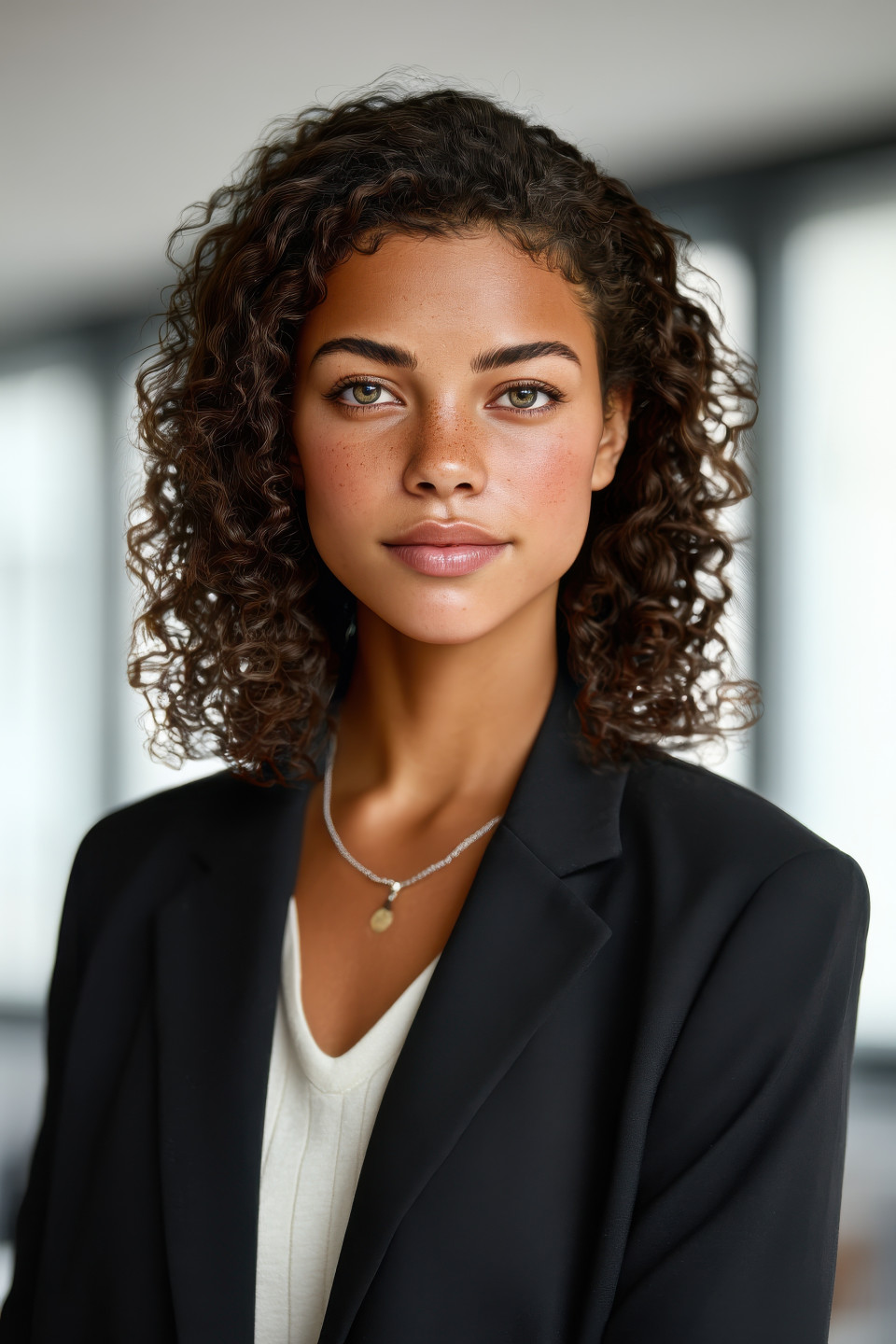 Young businesswoman smiling in corporate attire posed in office, standing with relaxed posture, chatgpt headshot for business profile and corporate use
