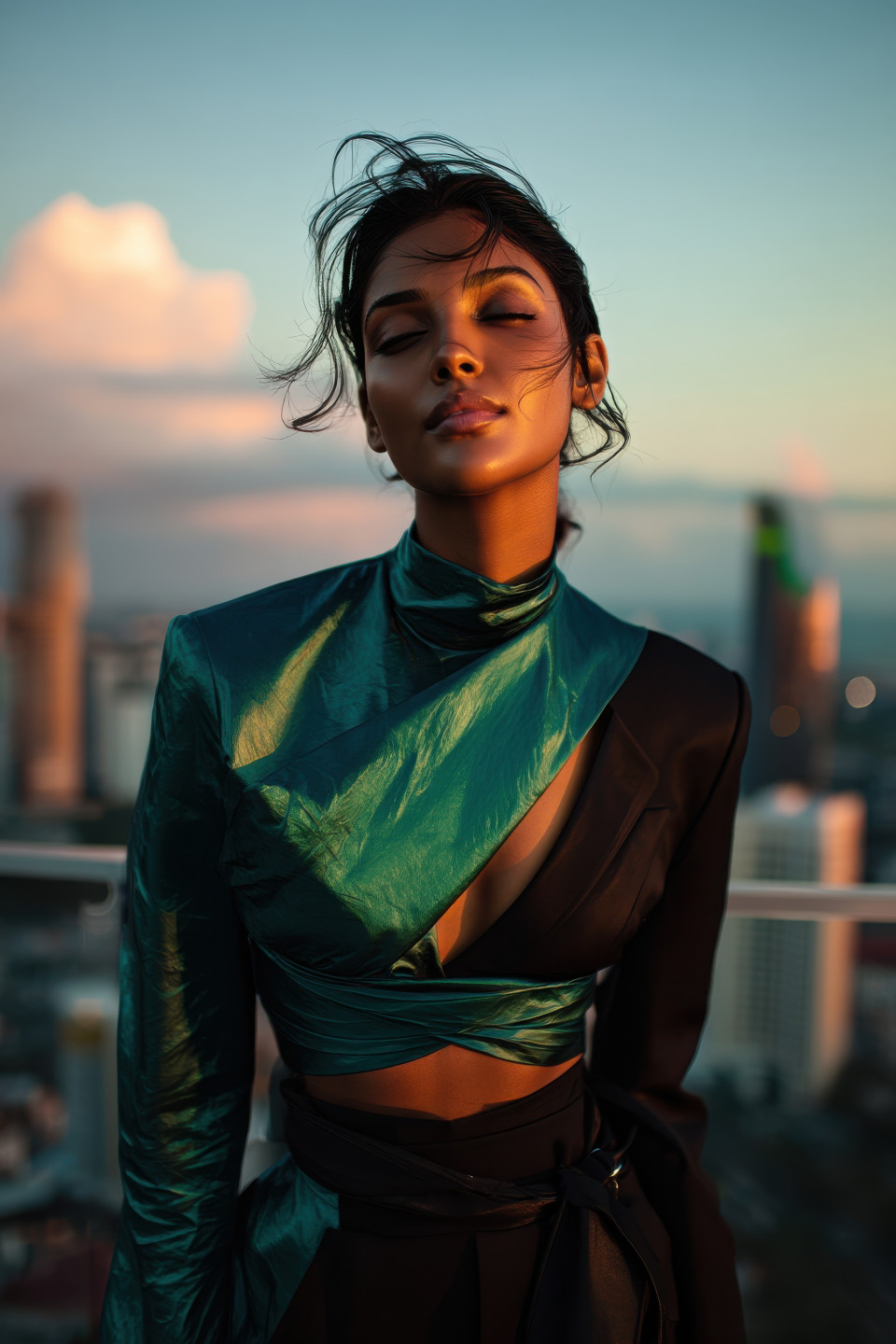 Model in emerald black avant-garde outfit standing on rooftop at golden hour with relaxed gaze, stylish fashion editorial scene with glowing city views