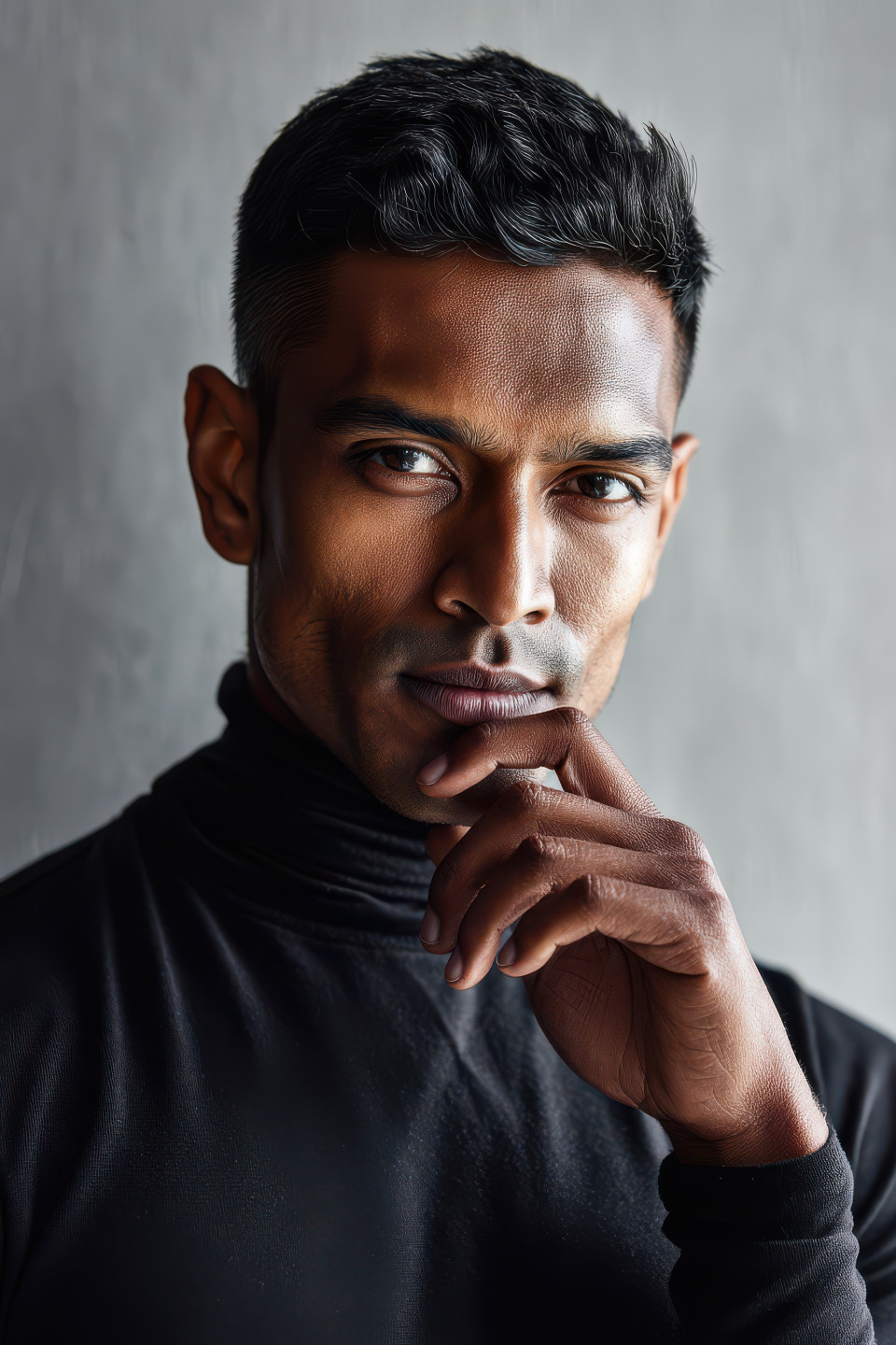 Indian man in black turtleneck gently touching chin, calm look on canvas backdrop, dramatic lighting, portrait mood with chatgpt creative emotion