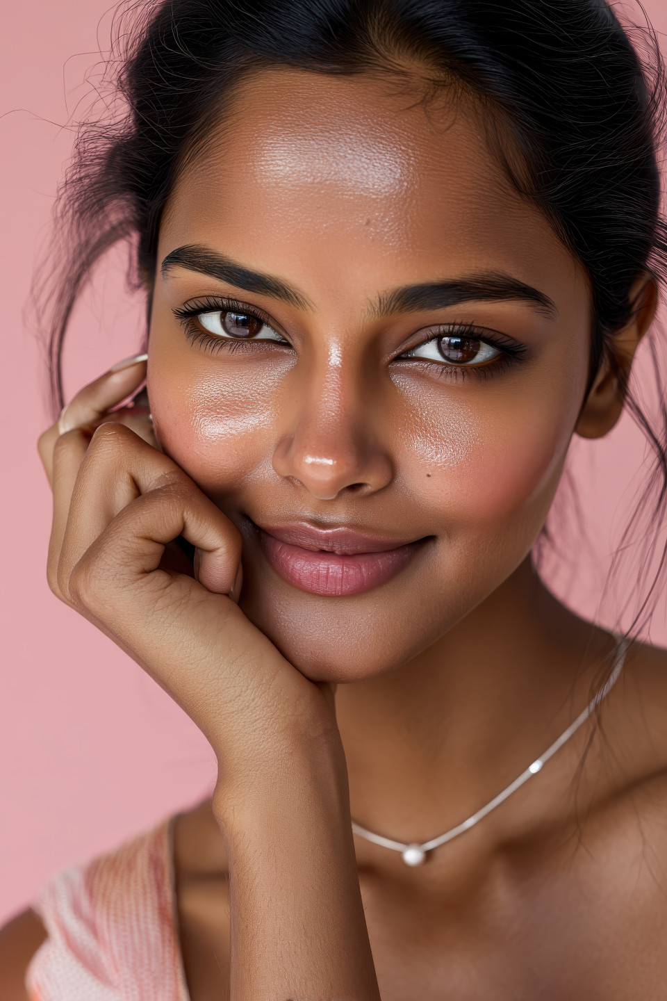 Smiling indian woman with light makeup, subtle eyeliner, pink lips, pearl studs, soft pink backdrop, hand near face, ai beauty portrait, beauty photography prompt
