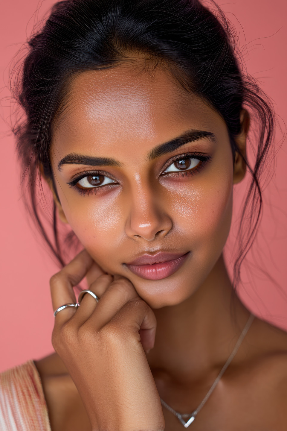 Fierce indian woman with smokey eyes, peach lips, satin glow, hand on face, silver ear cuffs, pink background, ai beauty portrait, beauty photography prompt