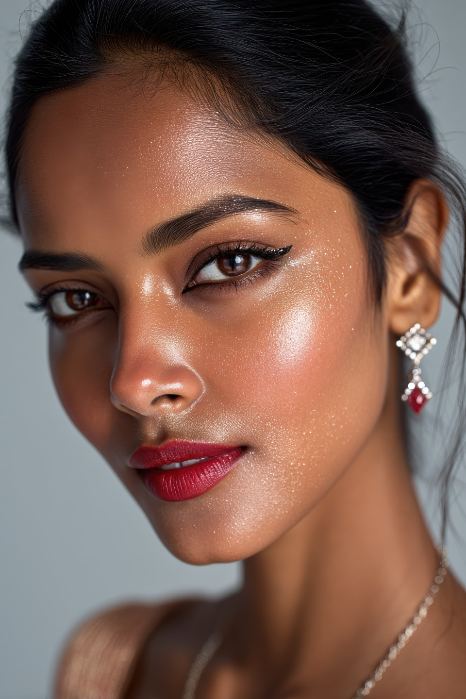 Indian woman with glitter eyeliner, red lips, matte skin, gemstone earrings, fierce gaze, studio background, beauty photography prompt, chatgpt image prompt