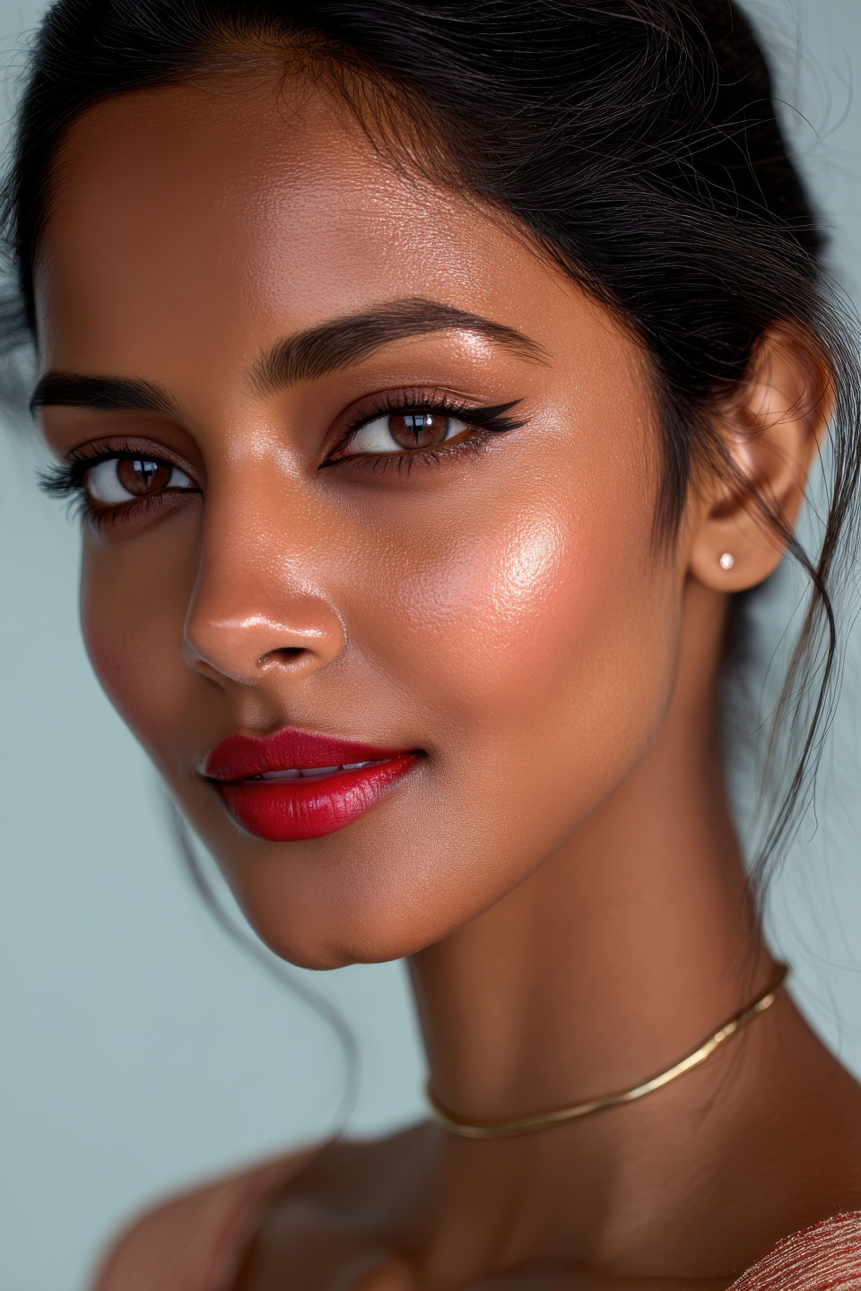 Indian woman gazing at camera, red lips, winged eyeliner, glowing skin, diamond studs, pastel gradient, beauty photography prompt, chatgpt image prompt