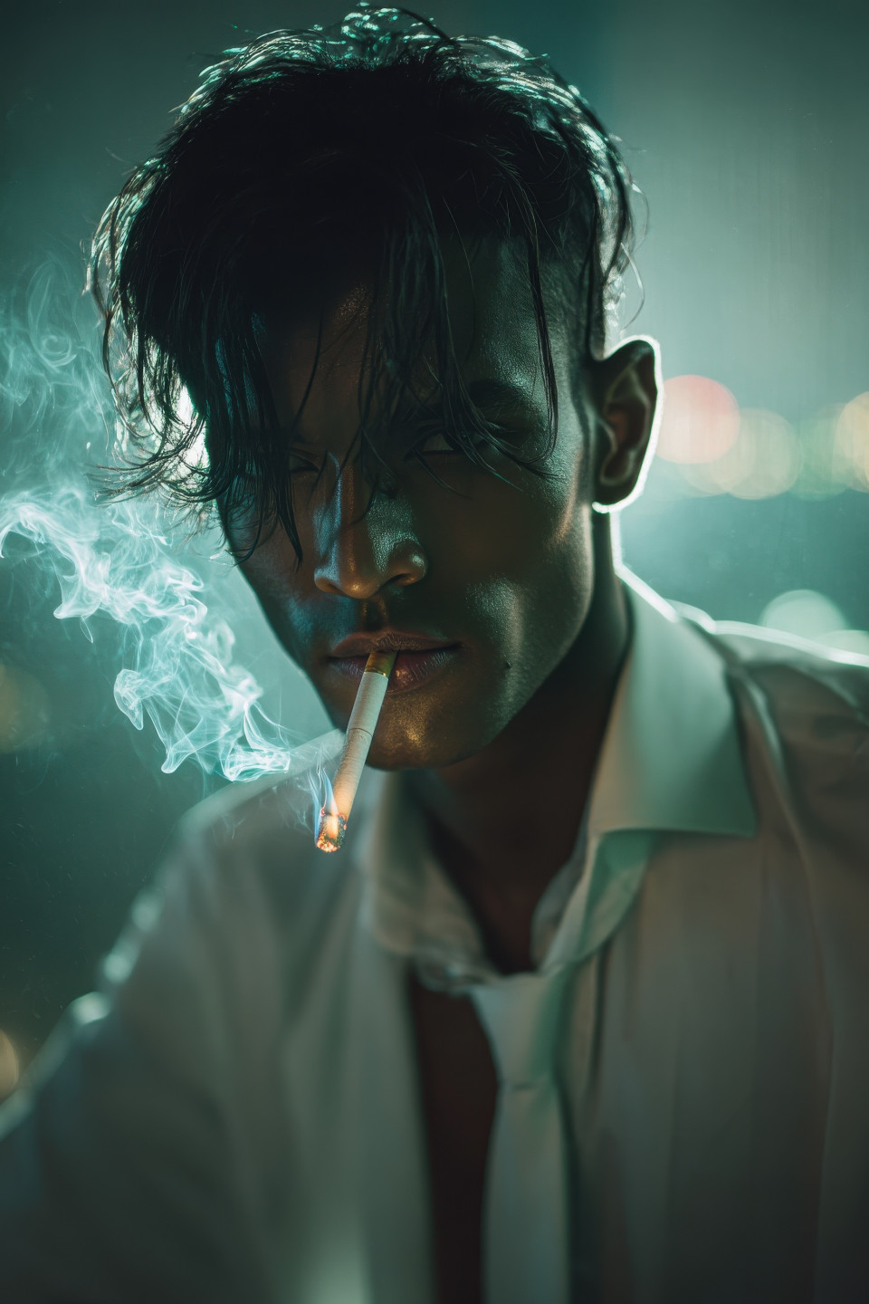 Man lights cigarette on fire escape under harsh split light, tousled hair and undone tie, noir portrait prompt, cinematic ai portrait, chatgpt image prompt