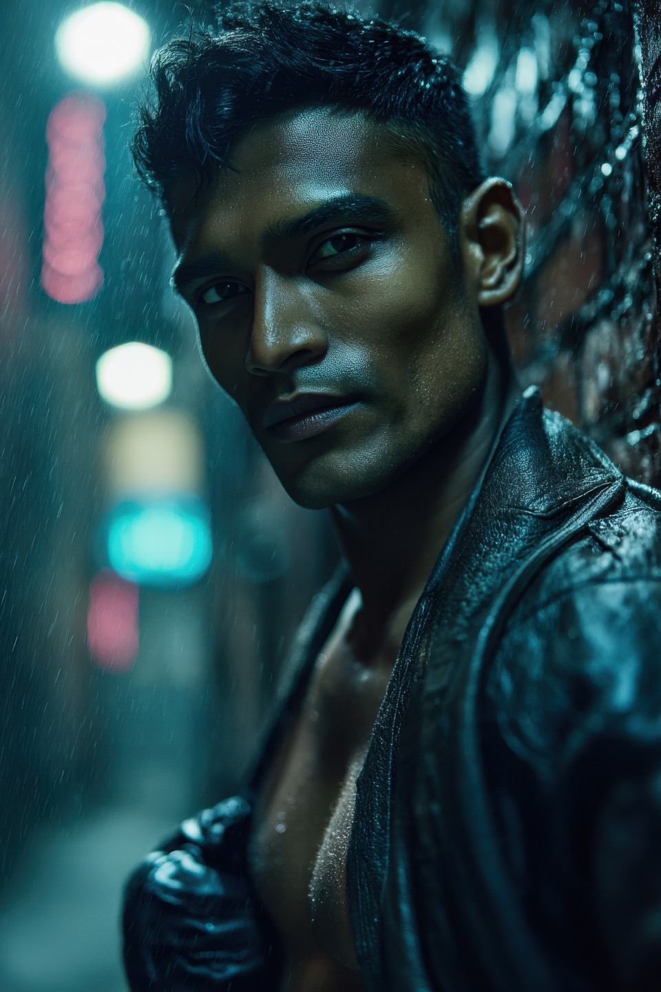 Brooding male model in leather jacket leans on brick wall under moody streetlamp in foggy alley, noir portrait prompt, cinematic ai portrait, chatgpt image prompt