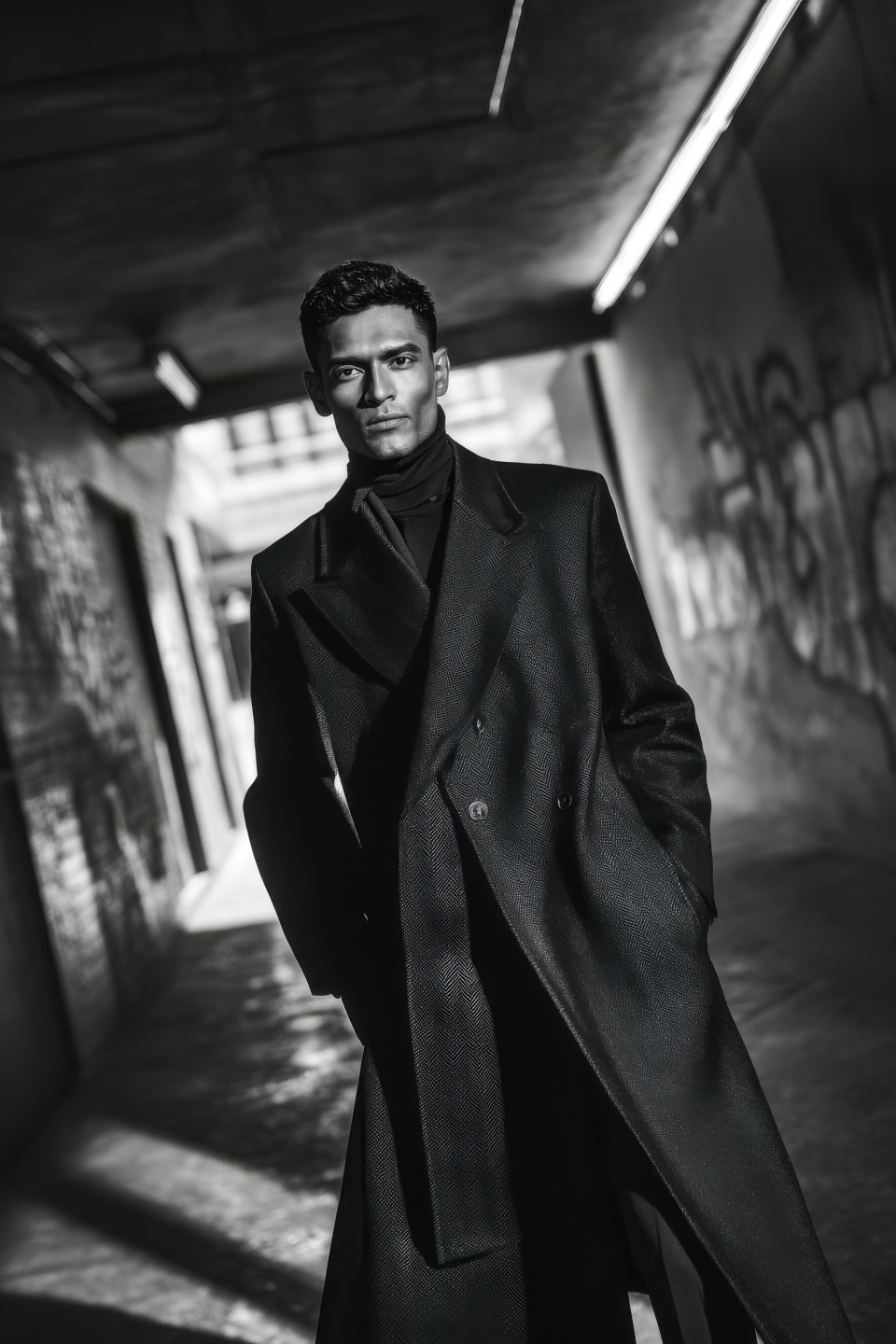 Confident man in coat and scarf walks briskly past graffiti wall under neon sign shadows, noir portrait prompt, cinematic ai portrait, chatgpt image prompt