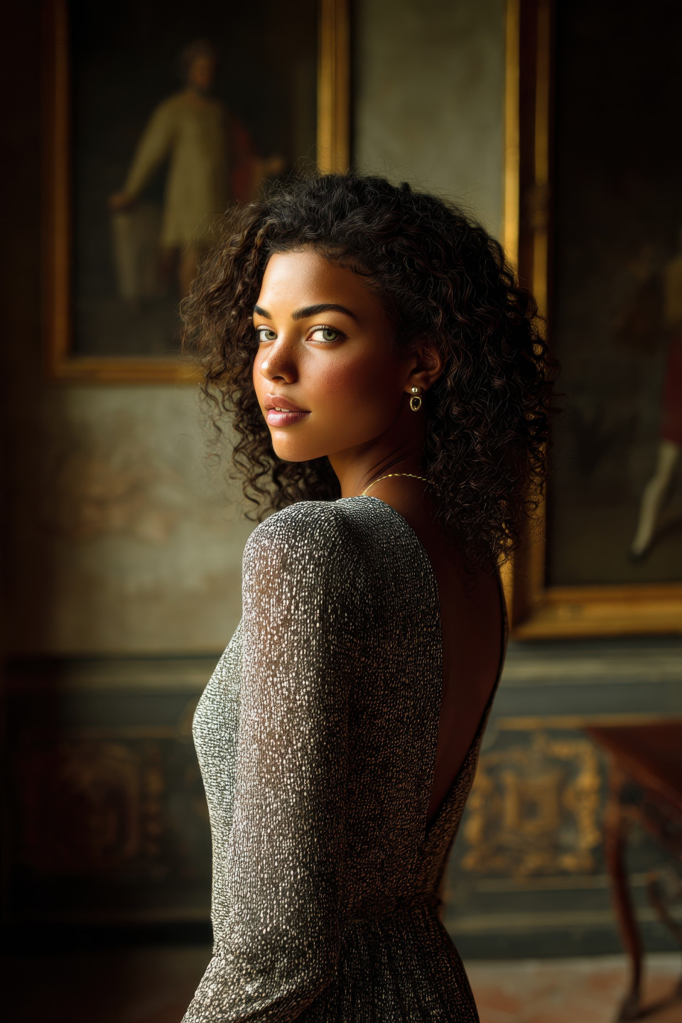 Woman in textured dress stands gracefully in antique room with dramatic shadows, turned away softly, fine art photography prompt, ai fine art image, chatgpt photo prompt