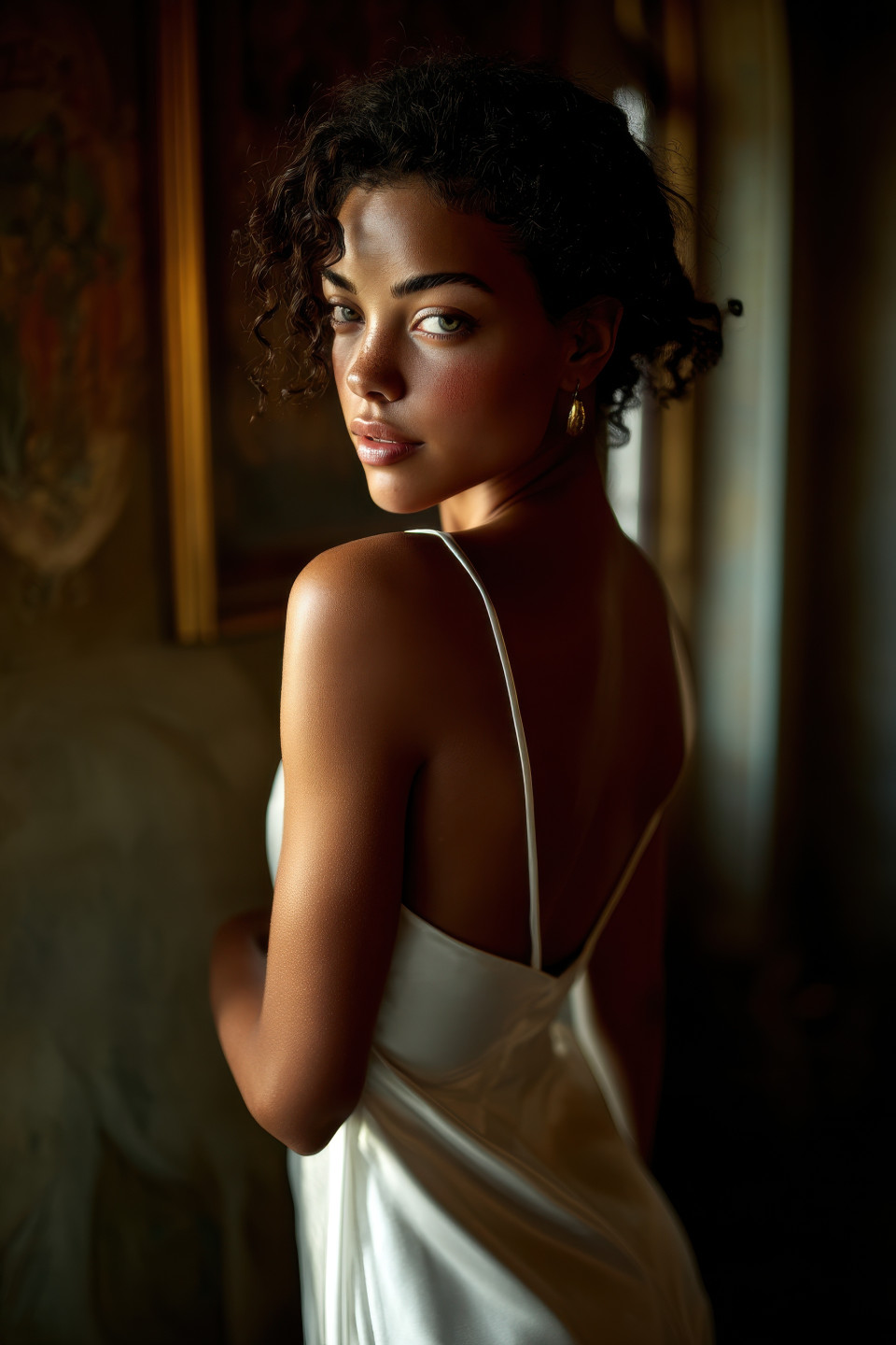 Woman in white silk gown gazes inward in antique room, soft textures and shadows close around her, fine art photography prompt, ai fine art image, chatgpt photo prompt