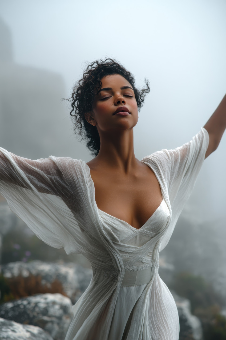 Serene woman in silk gown with arms raised stands in misty rocky landscape, soft close-up tones, fine art photography prompt, ai fine art image, chatgpt photo prompt