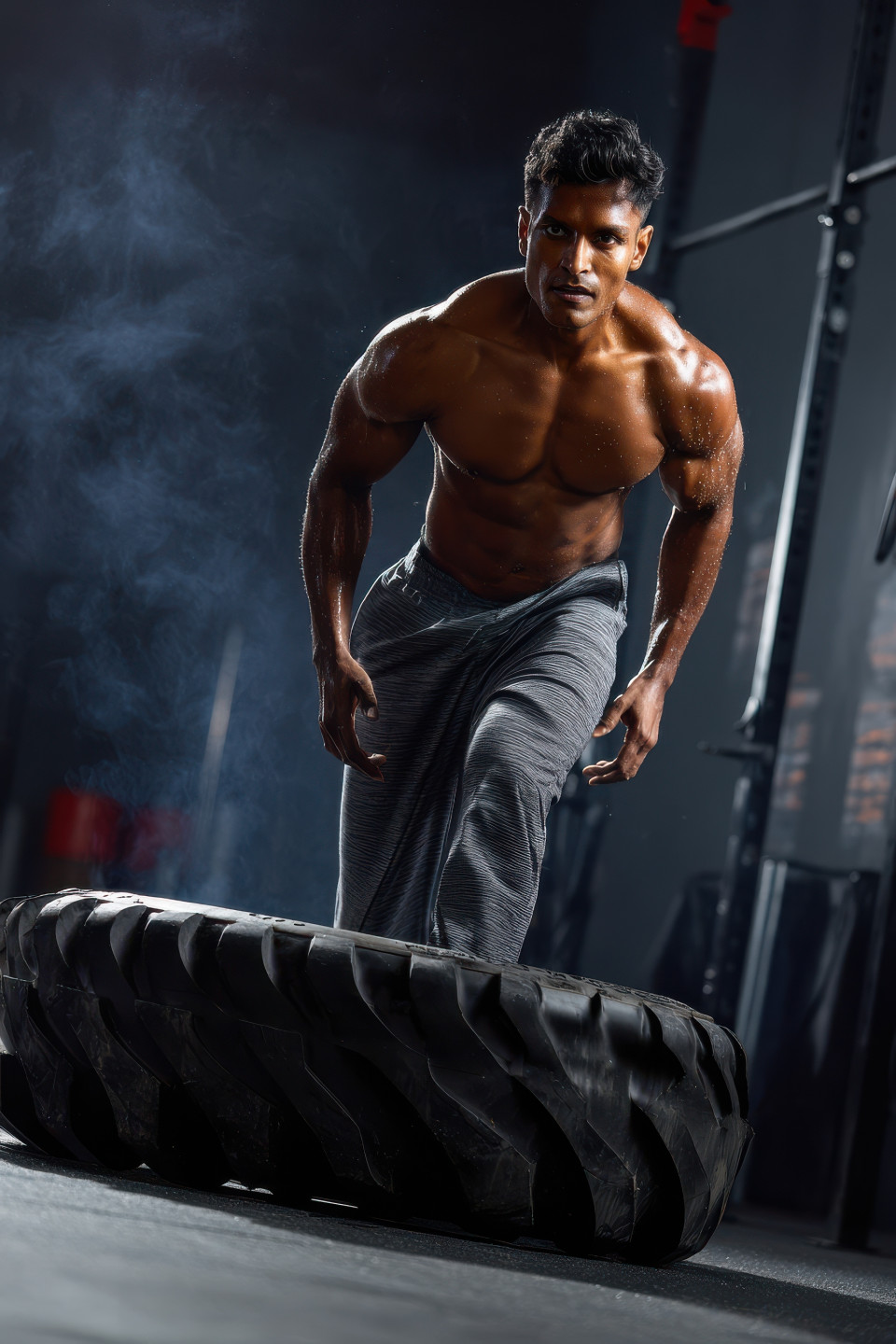 Focused man lifts heavy tire in gritty gym light, tank top shows defined arms and strength, fitness photography prompt, ai workout image, chatgpt fitness prompt