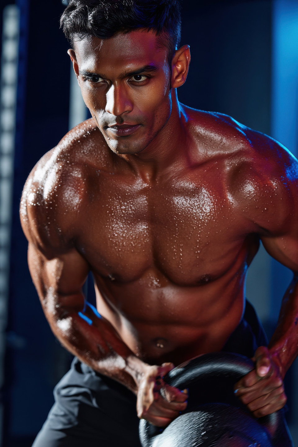 Muscular man mid kettlebell swing in dramatic gym light, low angle shows intensity and muscle, fitness photography prompt, ai workout image, chatgpt fitness prompt