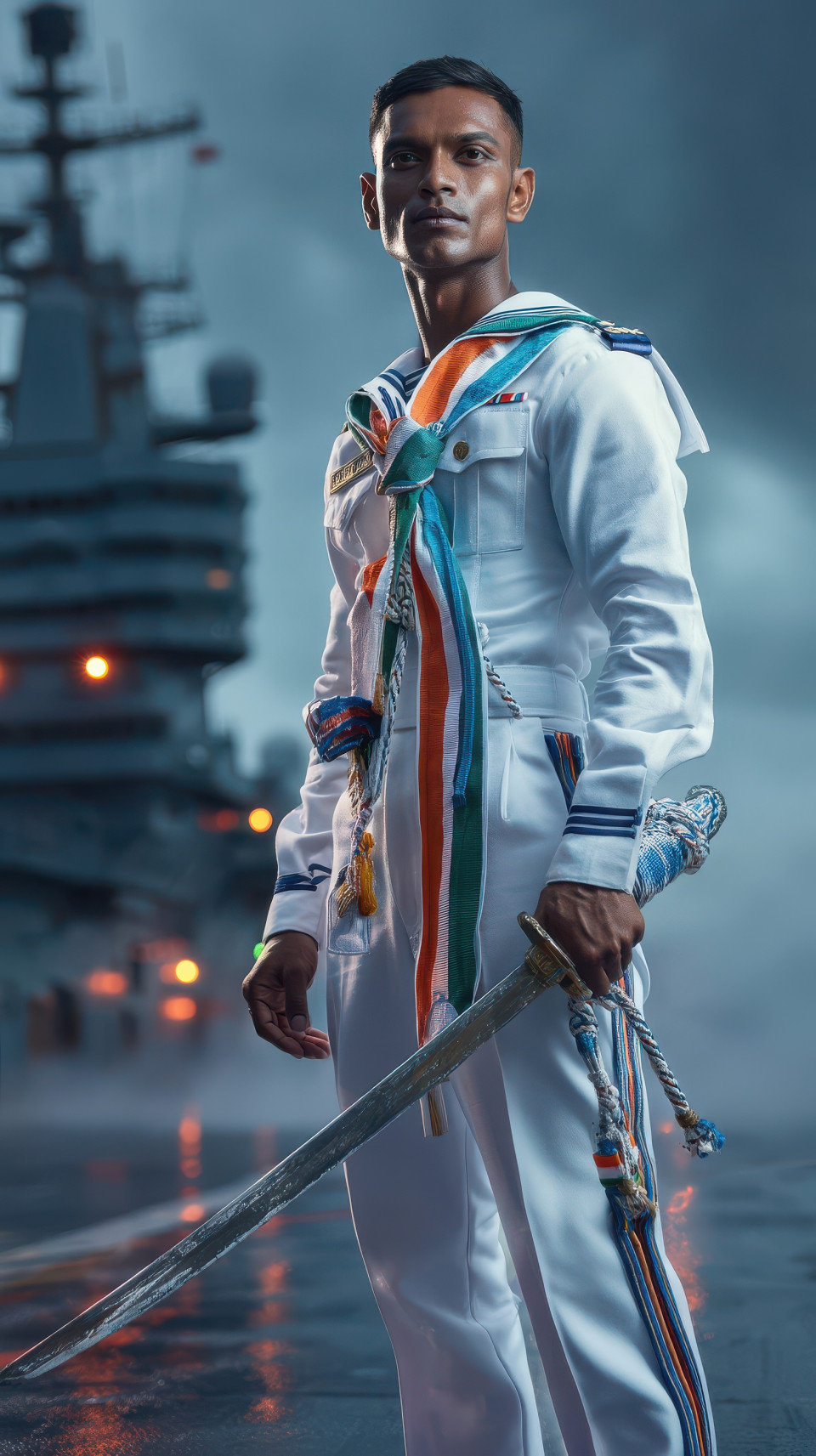 Naval officer with sword on ins vikrant deck, cool light and uniform glow, independence day, indian flag portrait prompt, tricolor ai art, midjourney patriotic prompt