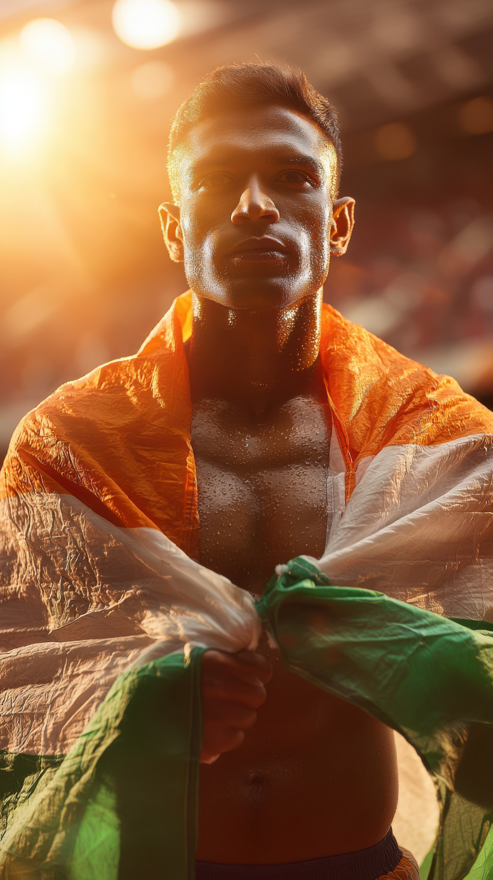Indian athlete with flag on shoulders in stadium at sunset, sweat and pride, independence day, indian flag portrait prompt, tricolor ai art, midjourney patriotic prompt