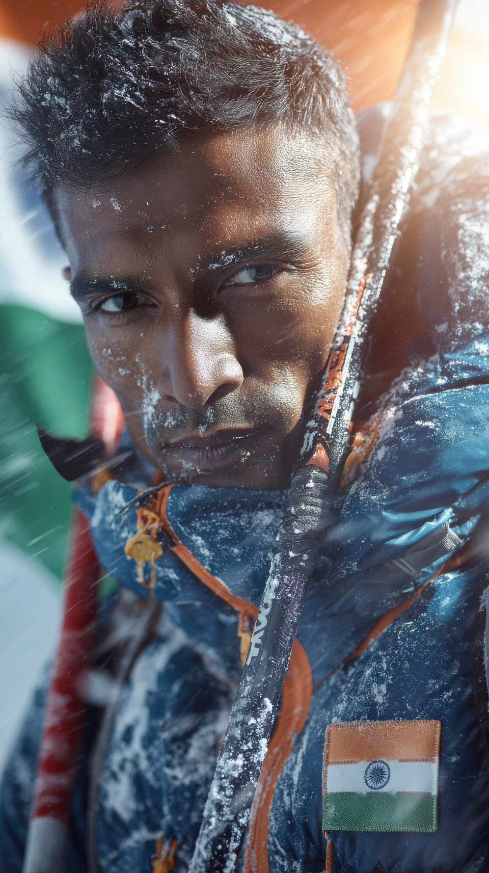 Indian mountaineer stands proud with ice axe in himalayas at dawn, tricolor accents, independence day, indian flag portrait prompt, tricolor ai art, midjourney patriotic prompt