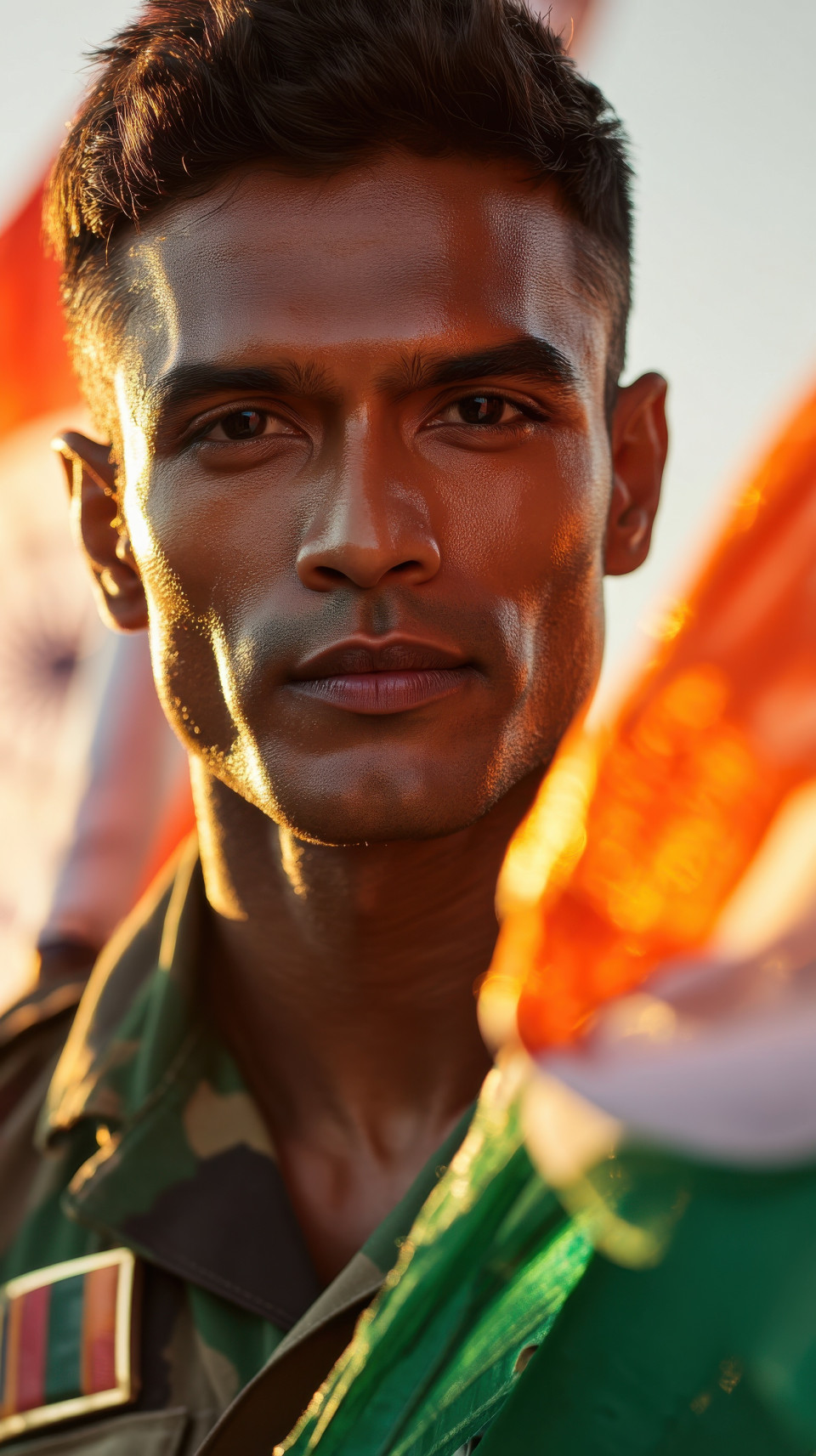 Army cadet with large waving flag at red fort during golden hour, proud stance, independence day, indian flag portrait prompt, tricolor ai art, midjourney patriotic prompt