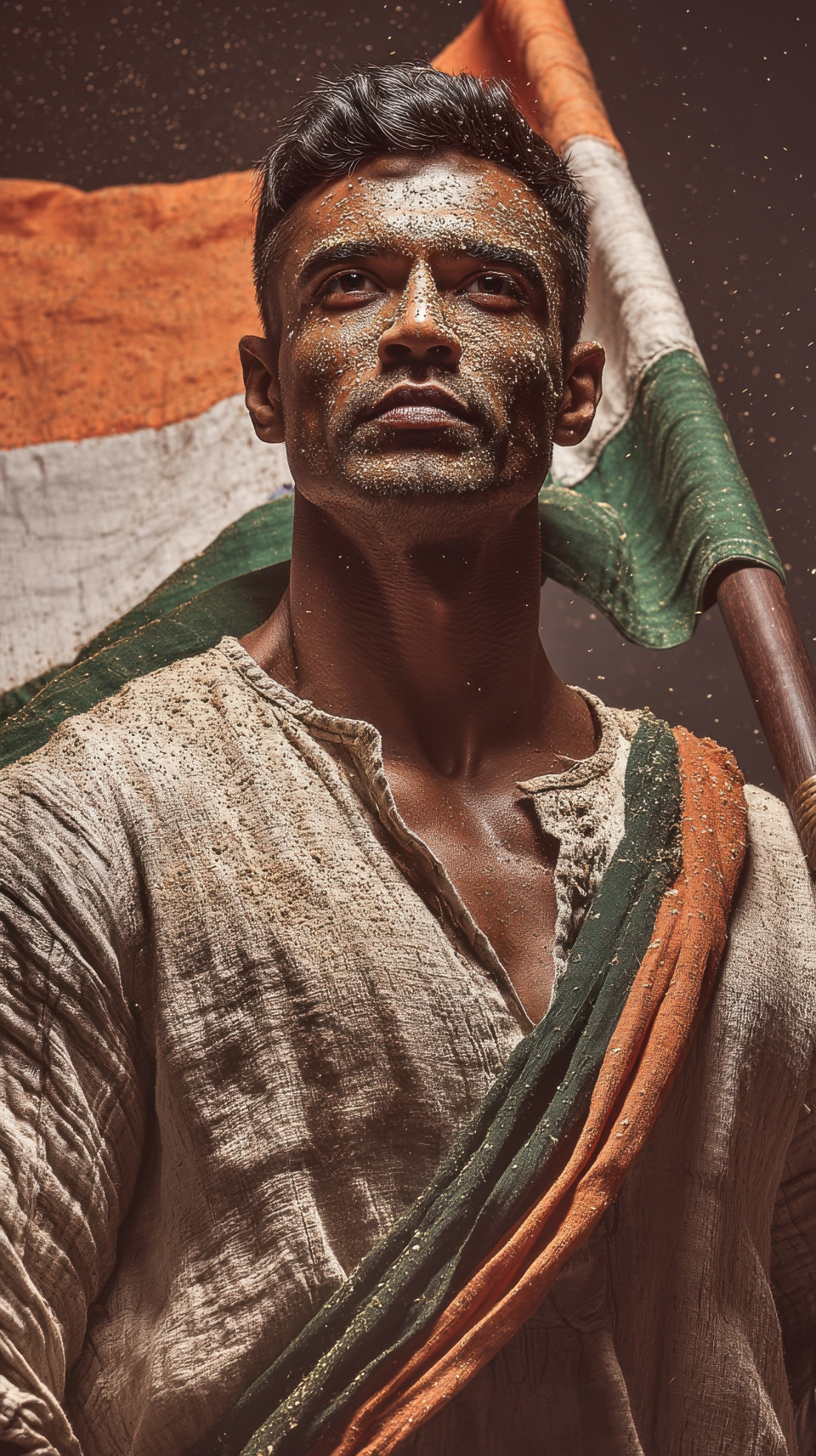 Freedom fighter re-enactor with vintage flag near cellular jail at dusk, sepia hues, independence day, indian flag portrait prompt, tricolor ai art, midjourney patriotic prompt