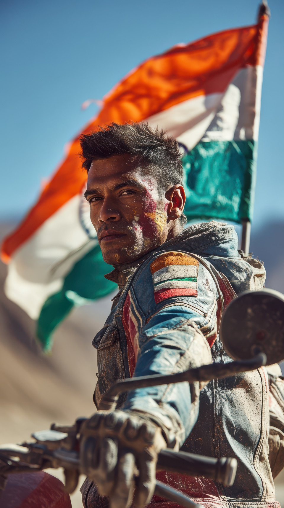 Indian biker with flag on motorcycle in ladakh sunrise, dusty trail and pride, independence day, indian flag portrait prompt, tricolor ai art, midjourney patriotic prompt