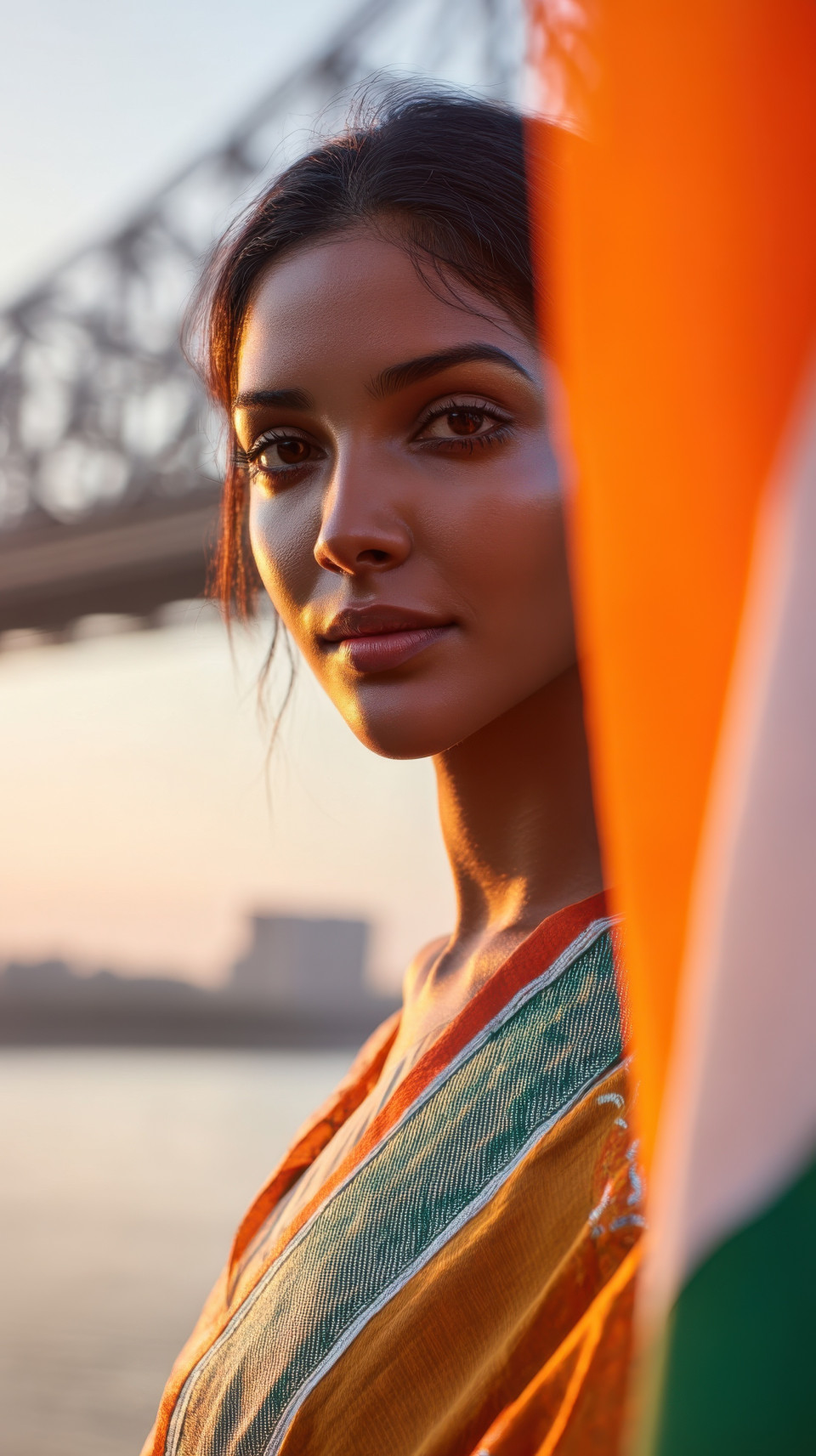 Indian woman with diagonal flowing flag near howrah bridge at early light. independence day, indian flag portrait prompt, tricolor ai art, midjourney patriotic prompt