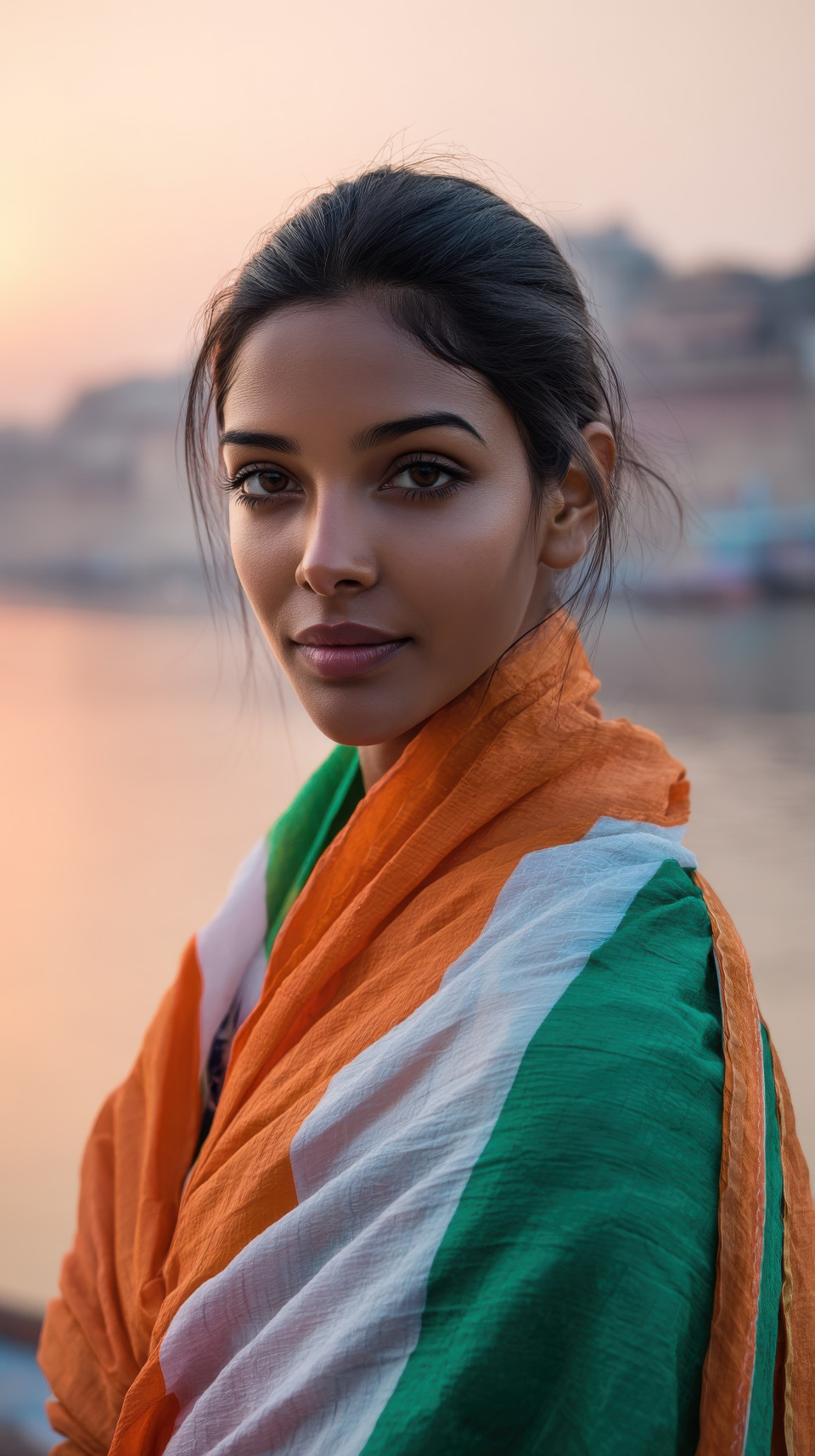 Indian woman in flag cape on varanasi rooftop at sunrise with river glow. independence day, indian flag portrait prompt, tricolor ai art, midjourney patriotic prompt