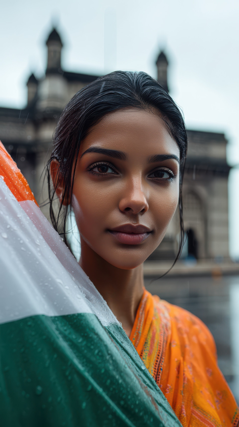 Indian woman veiled by semi-transparent flag at gateway of india in monsoon. independence day, indian flag portrait prompt, tricolor ai art, midjourney patriotic prompt