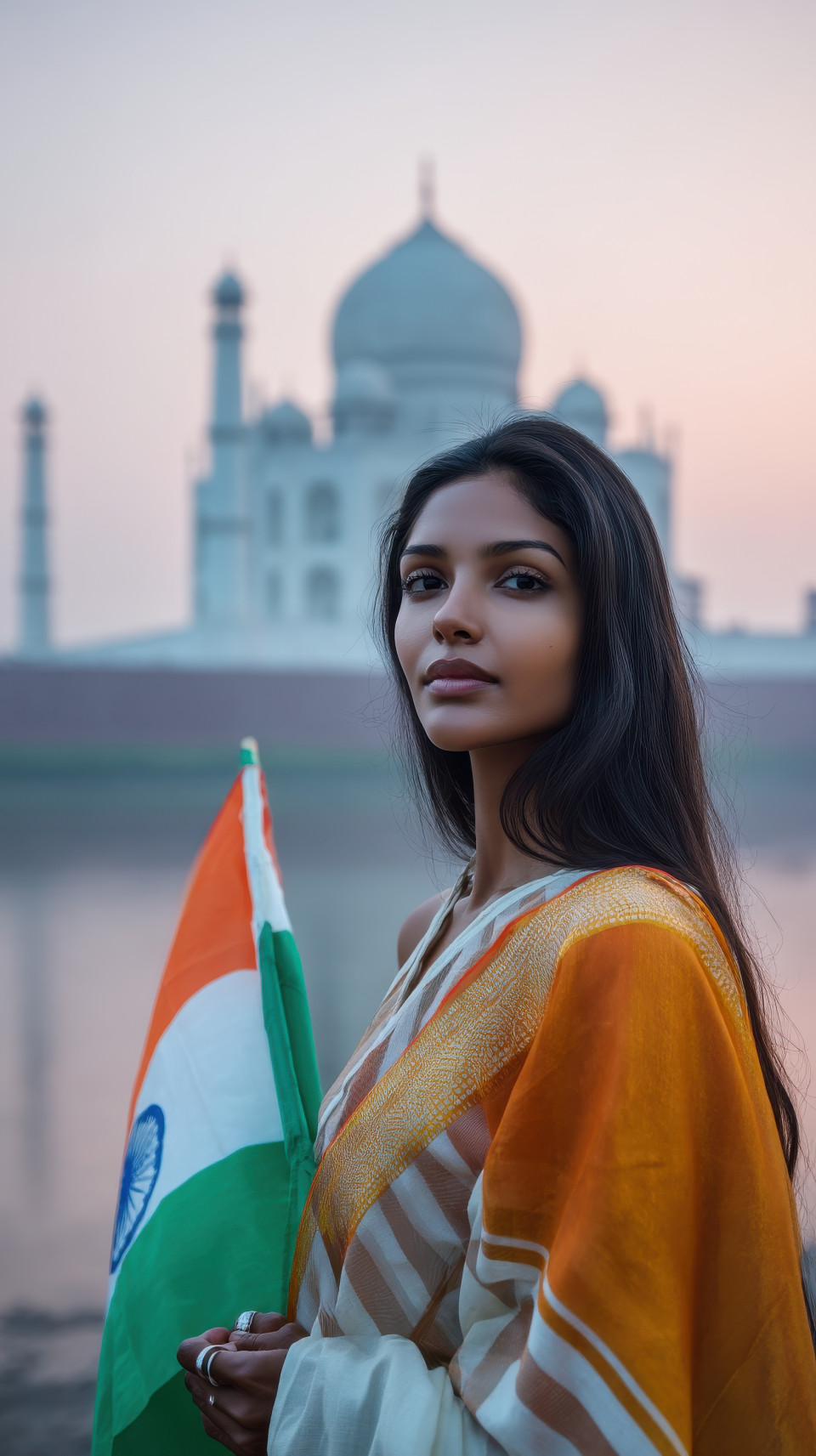 Indian woman with flag near taj mahal at dawn, soft tricolor glow and serene fog. independence day, indian flag portrait prompt, tricolor ai art, midjourney patriotic prompt