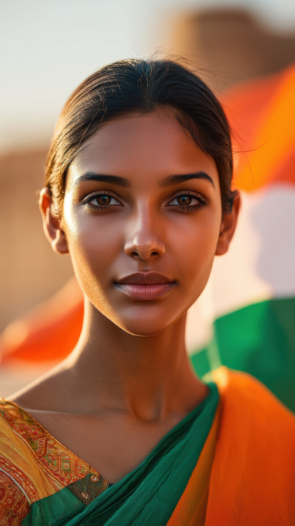Indian woman with flag unfurled behind her in desert fort at golden hour. independence day, indian flag portrait prompt, tricolor ai art, midjourney patriotic prompt