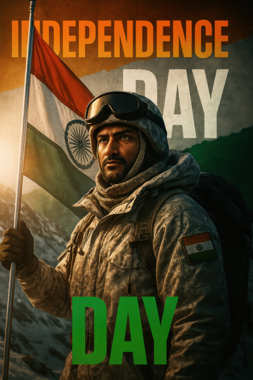 Rescue soldier in winter gear with tricolor patch and flag, heroic pose before rugged flag wall backdrop. independence day prompt, chatgpt poster prompt