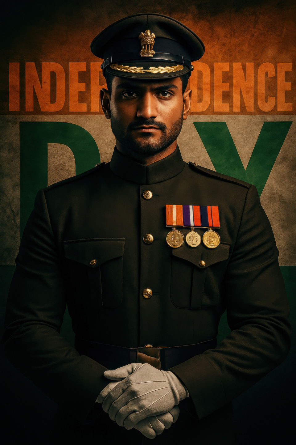 Army officer at parade rest in dress uniform with medals and gloves, indian flag on wall behind, bold and formal tone. independence day prompt, chatgpt poster prompt