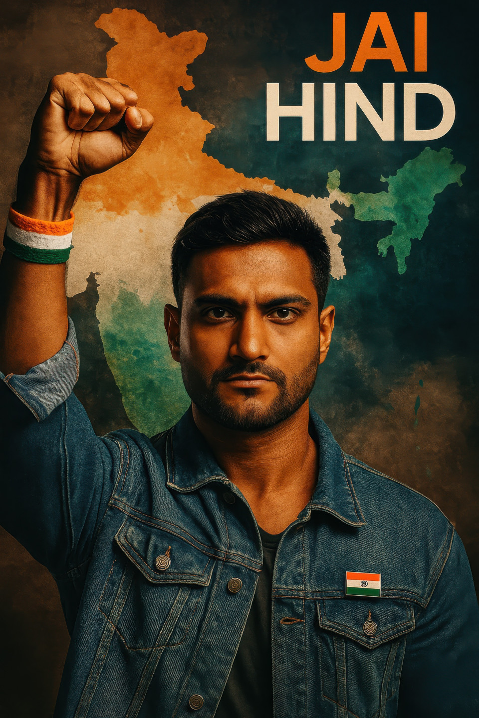 Young activist in denim with tricolor pin raising fist proudly in front of india-themed watercolor, bold and proud. independence day prompt, chatgpt poster prompt