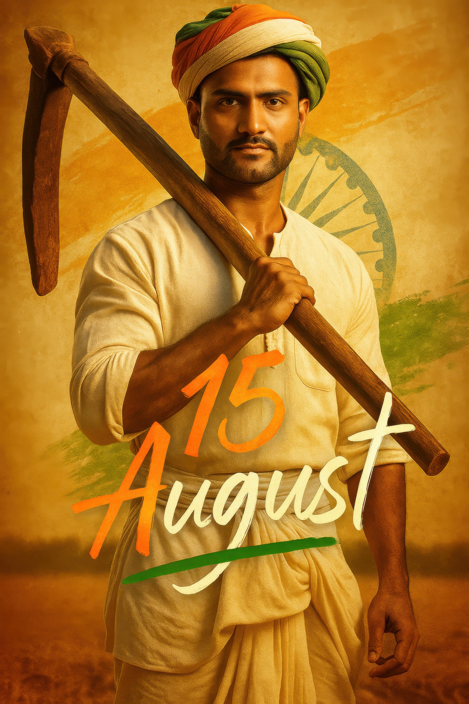 Village hero in white kurta and tricolor turban holding plough, vintage paper flag design behind, golden hour pride. independence day prompt, chatgpt poster prompt