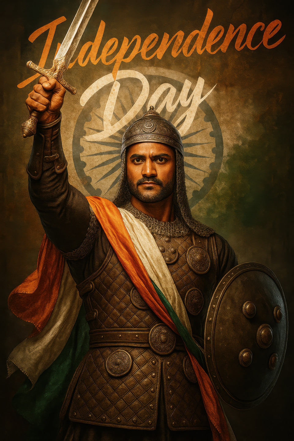 Historical warrior in traditional armor raising sword, with tricolor sash and weathered patriotic wall behind. independence day prompt, chatgpt poster prompt