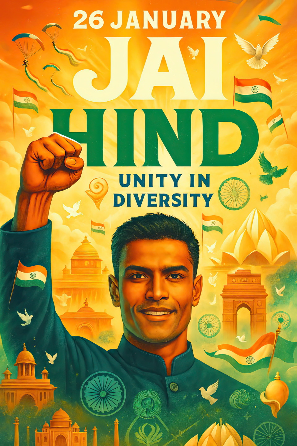 National leader celebrates with tricolor sky, paragliders, doves, bold text and iconic monuments in glowing backdrop. patriotic ai prompt, indian independence day image, chatgpt art prompt