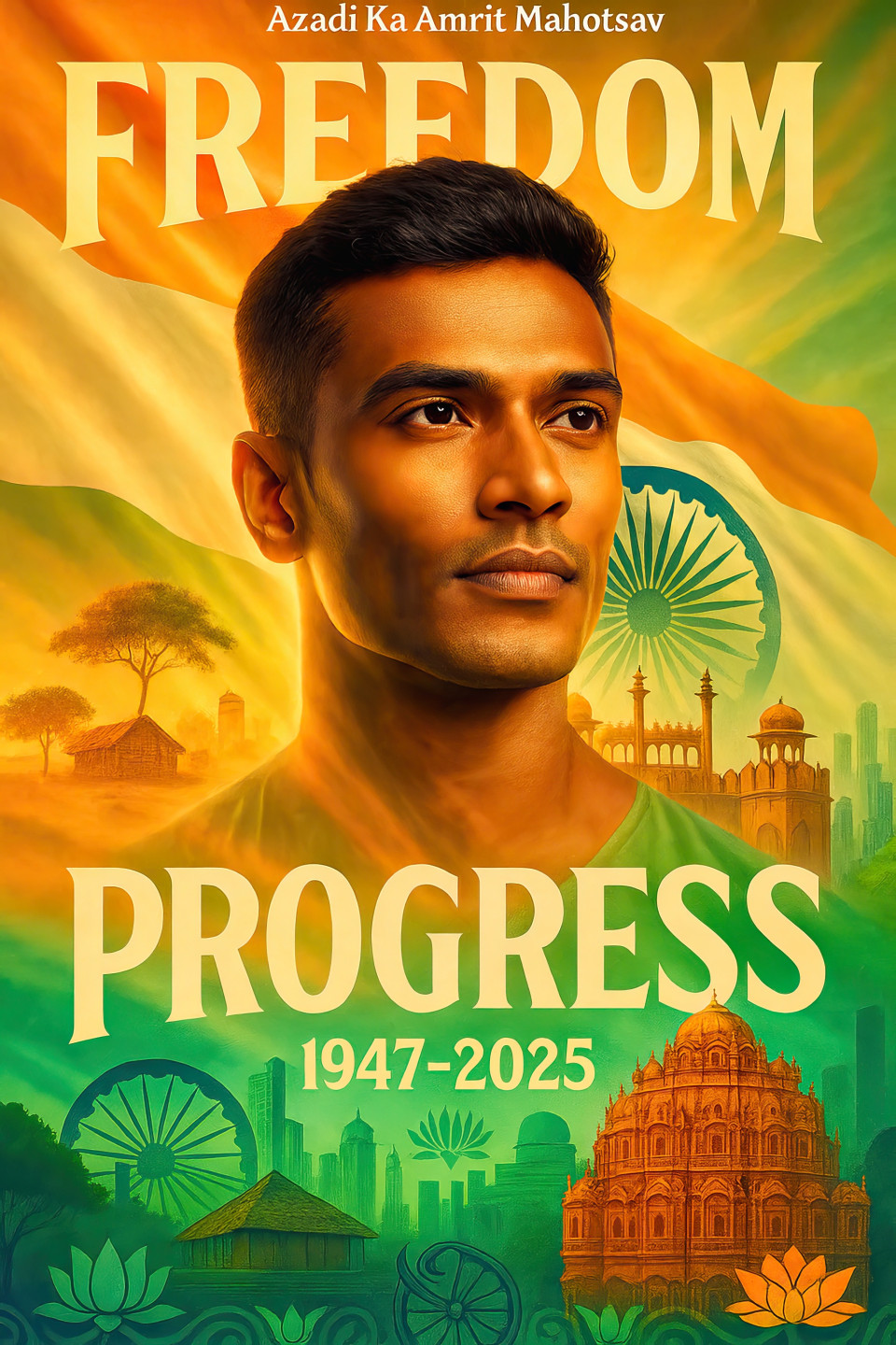 Calm indian man with flag, merging village and skyline, monuments and symbols of freedom glow in mist. patriotic ai prompt, indian independence day image, chatgpt art prompt