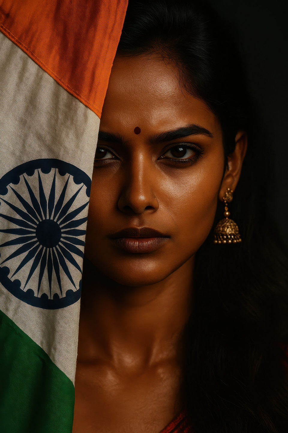 Fierce indian woman with flag over face, bindi, jhumkas, wavy hair, intense gaze and moody dark background. independence day prompt, chatgpt prompt