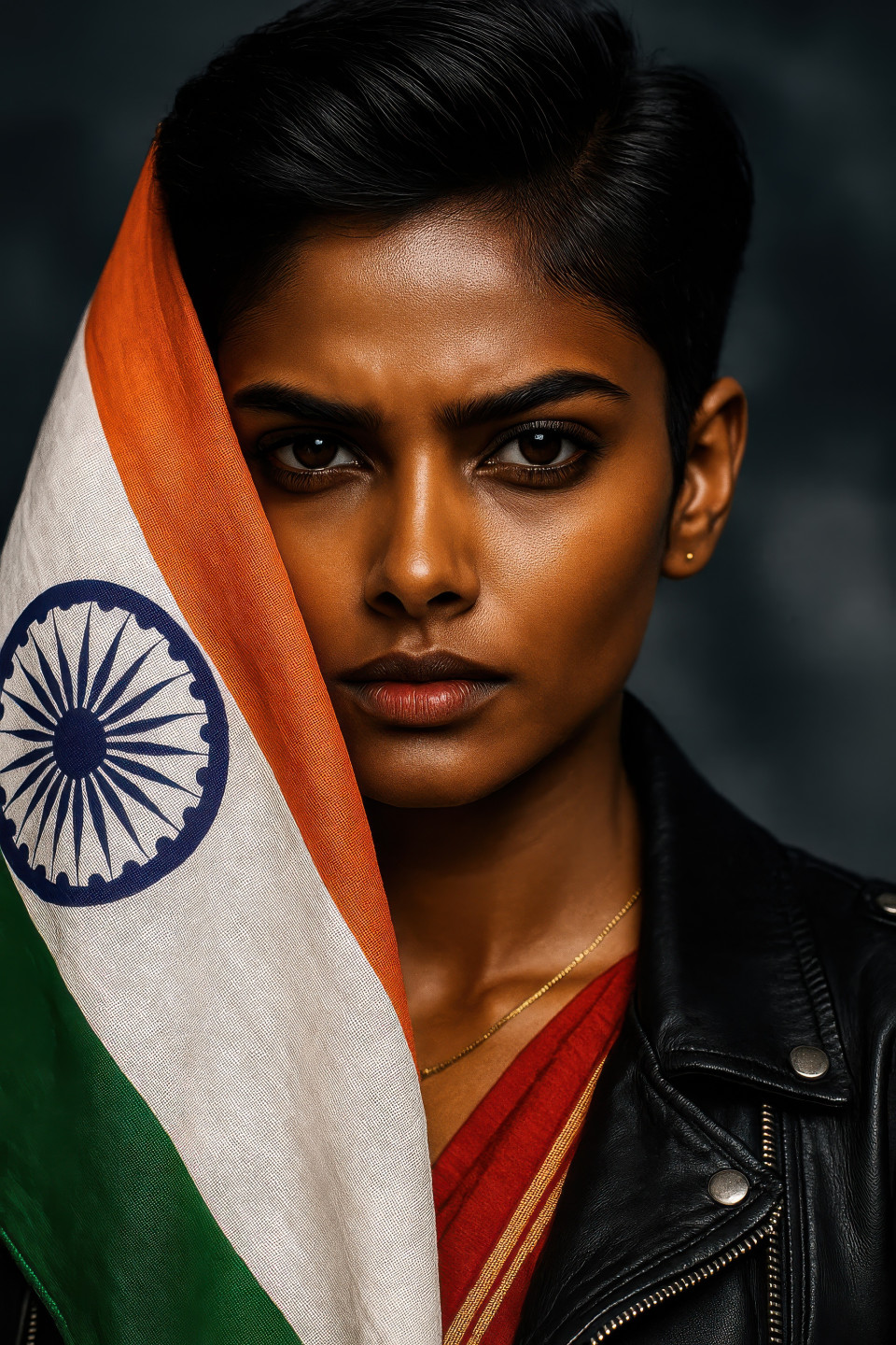 Modern indian woman with pixie cut, sari and leather jacket, flag wrapped face and stormy background. independence day prompt, chatgpt prompt