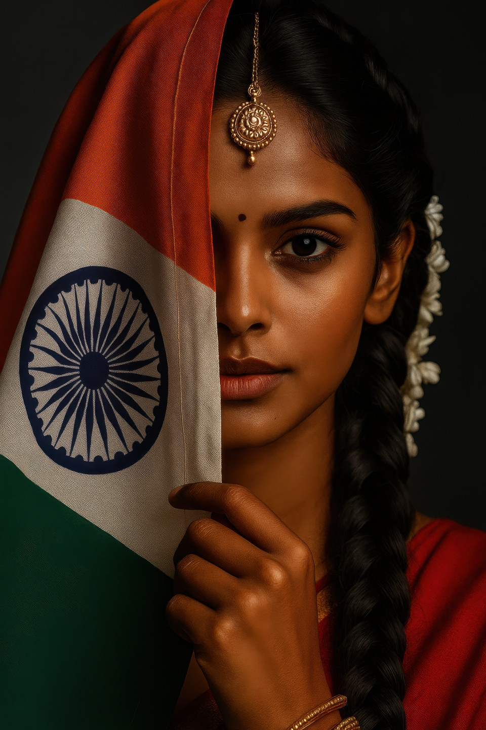 Calm indian woman with jasmine braid, gold bangles, flag half-covering face, charcoal backdrop, soft light. independence day prompt, chatgpt prompt