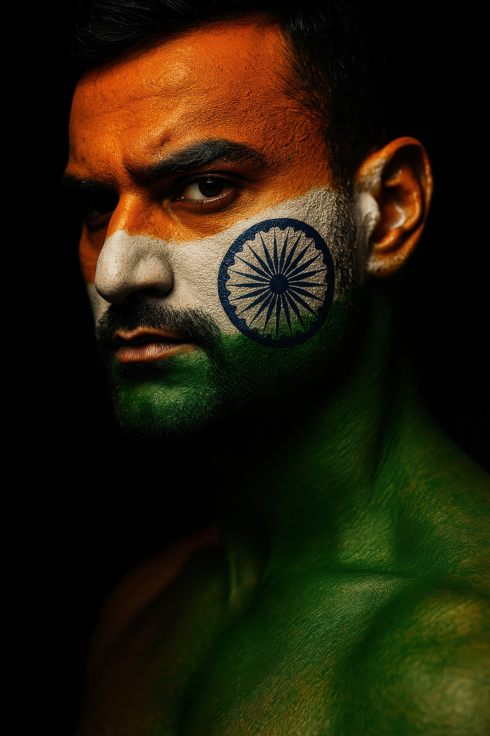 Indian man painted in bright saffron, white, and green with chakra detail on cheek, proud gaze in close-up. flag on faces prompt, ai independence art, patriotic face paint, chatgpt image prompt