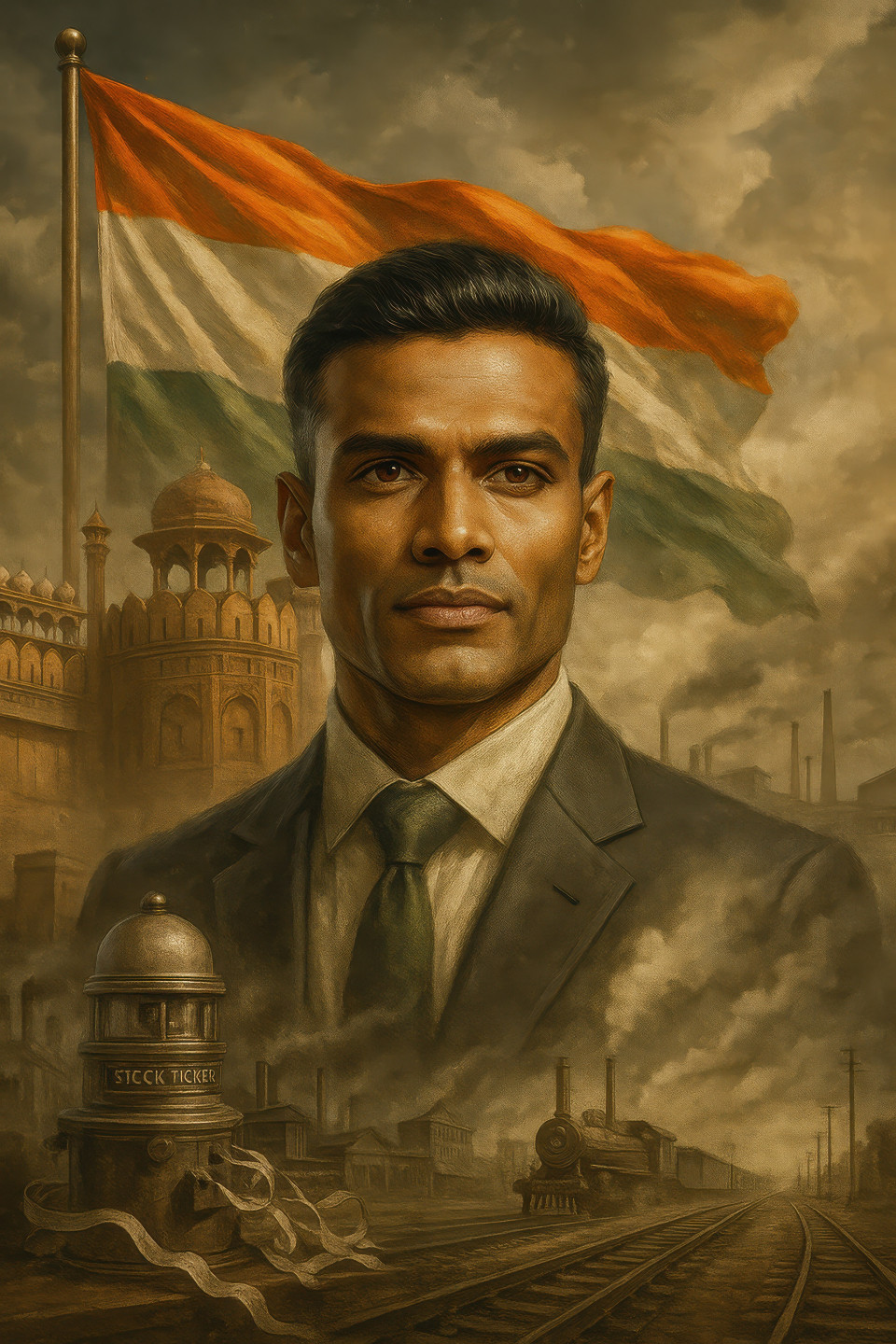 Visionary indian leader in suit stands before red fort, flag waving with early industry and rail backdrop. independence day prompt, chatgpt prompt