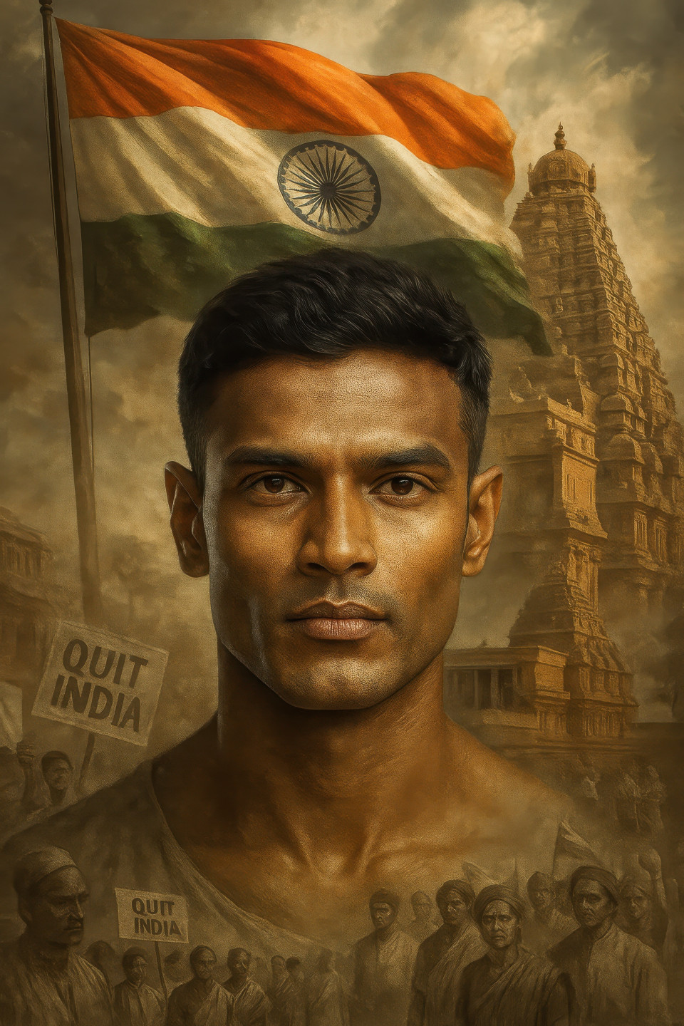 Indian man with strong gaze stands before temple, flag waving, grayscale quit india scenes add historic mood. independence day prompt, chatgpt prompt