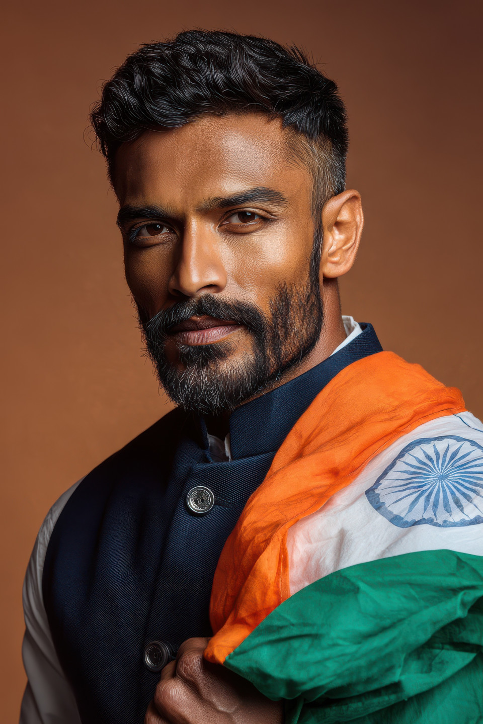 Indian man in nehru jacket holds folded flag on arm, profile view with warm gradient light. patriotic photography prompt, indian flag ai art, midjourney india prompt