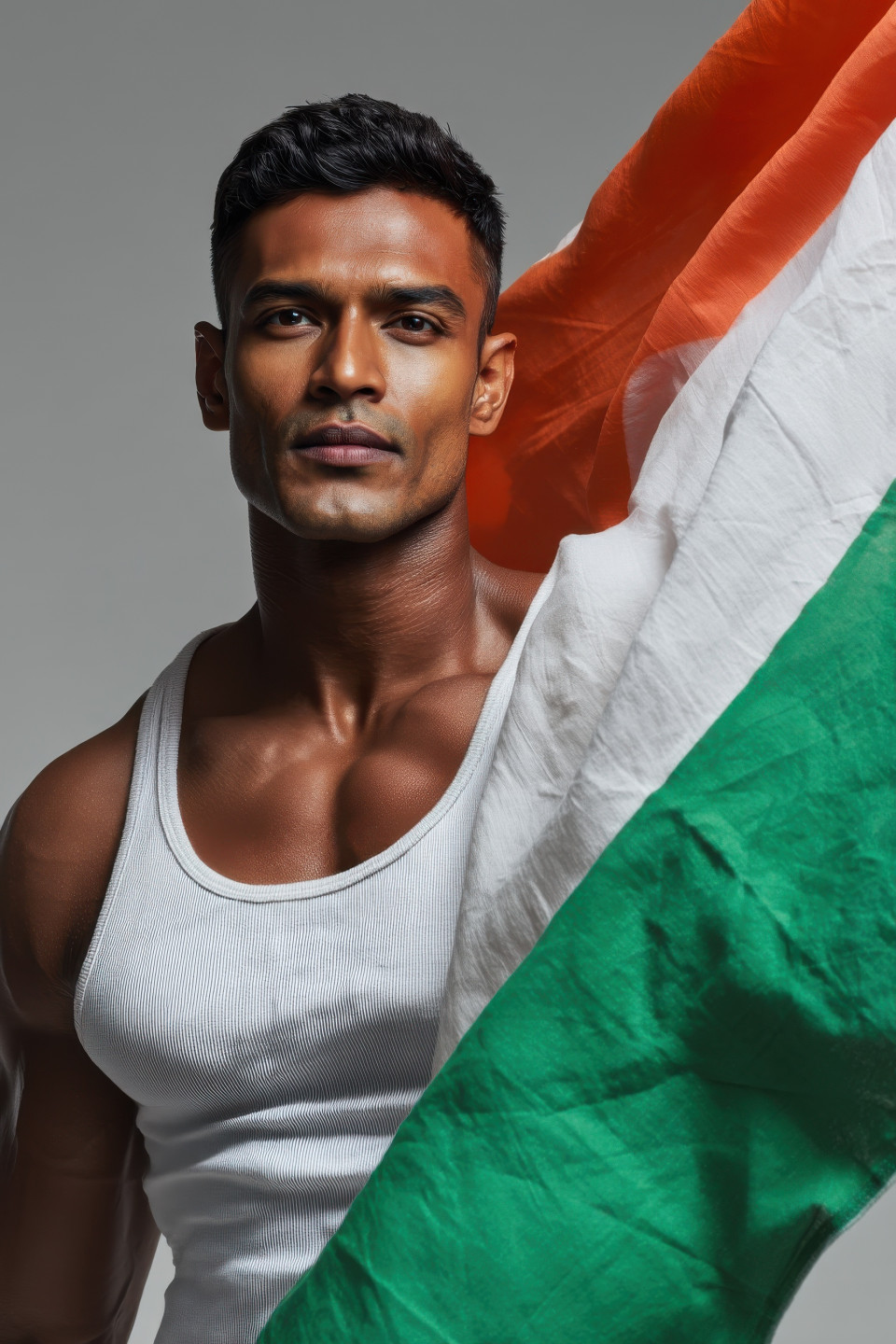 Muscular indian man in tank top holds flowing flag behind him, bold look in spotlighted grey space. patriotic photography prompt, indian flag ai art, midjourney india prompt