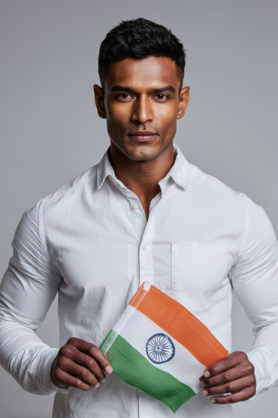 Indian man in white shirt holds folded flag in hands, proud and clean look with soft backdrop. patriotic photography prompt, indian flag ai art, midjourney india prompt
