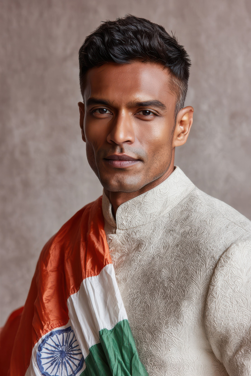 Indian man in sherwani with turban holds folded flag on arm, calm and proud in tricolor setting. patriotic photography prompt, indian flag ai art, midjourney india prompt