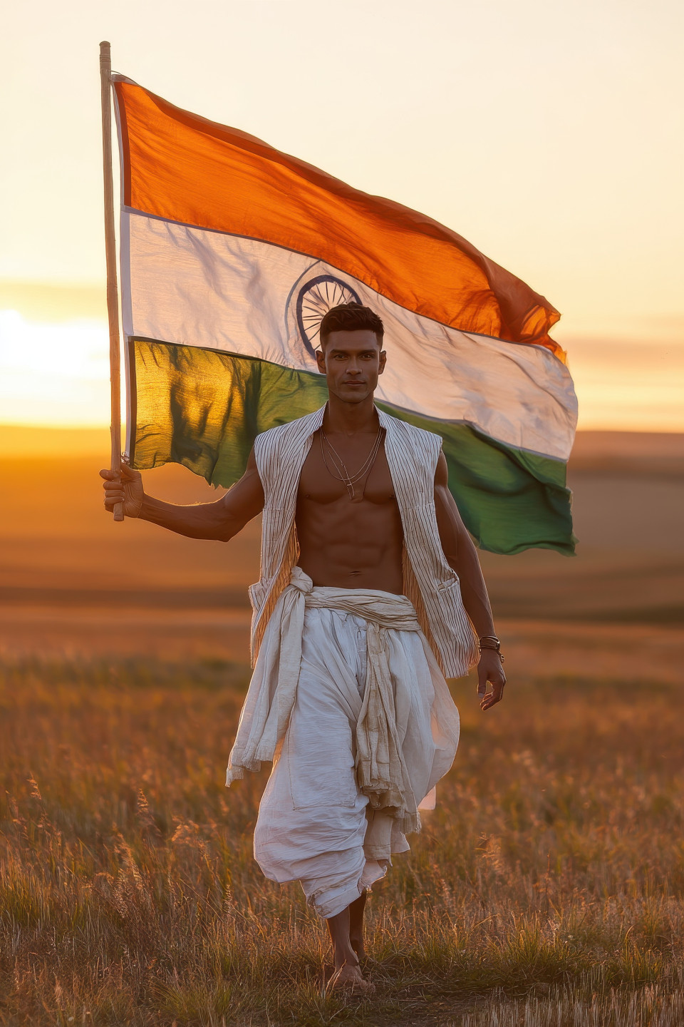Young indian man in dhoti lifts waving flag at sunset in rural field, proud and peaceful. patriotic photography prompt, indian flag ai art, midjourney india prompt
