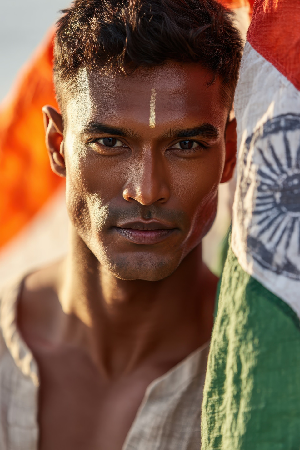 Indian man with tilak in khadi kurta lifts waving flag, proud in golden-hour glow, soft crowd scene. patriotic photography prompt, indian flag ai art, midjourney india prompt