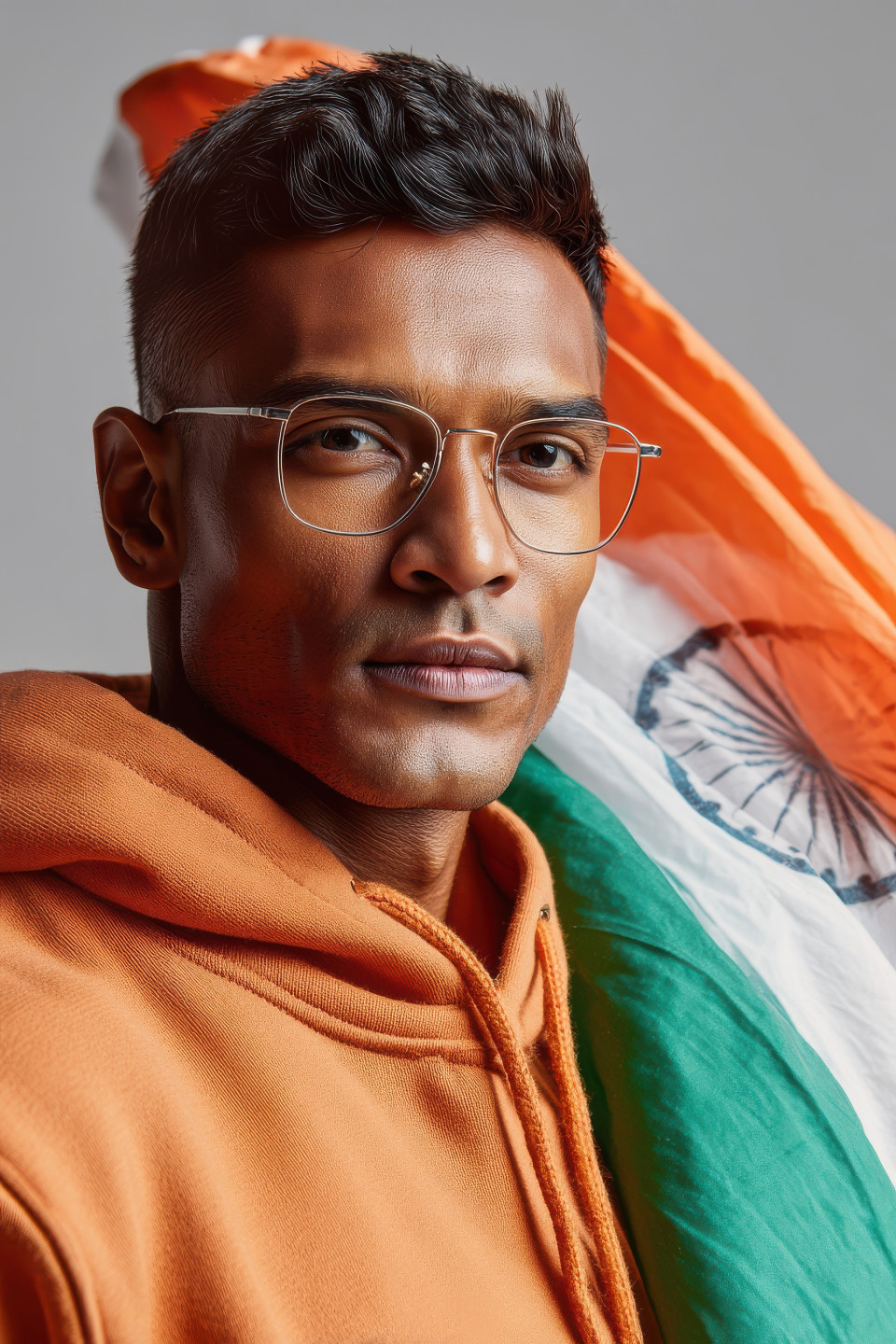 Thoughtful indian man in saffron hoodie with digital india map holds waving flag across chest. patriotic photography prompt, indian flag ai art, midjourney india prompt