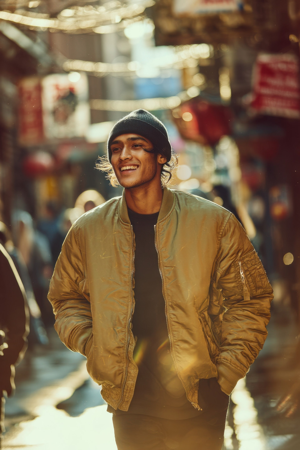 Man in bomber jacket and beanie walks minneapolis street smiling, captured in warm light and busy scene, street photography prompt, urban ai photo, chatgpt image prompt