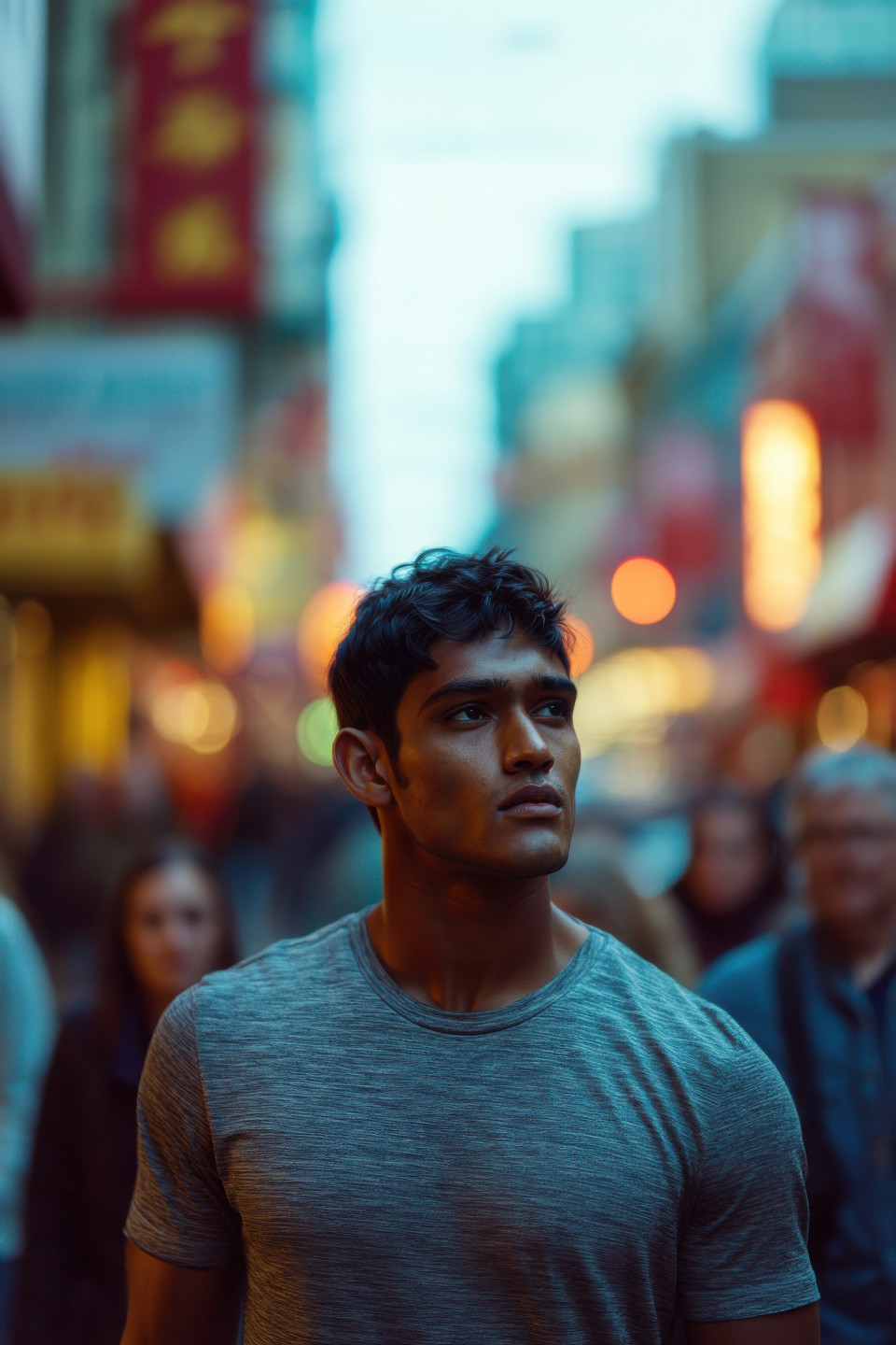 Indian man in streetwear walks twilight-lit seattle street, contemplative mood, textured scene, street photography prompt, urban ai photo, chatgpt image prompt